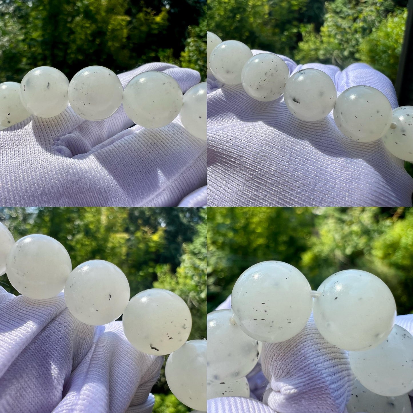 12.1mm Certified natural jade white Nephrite with Ink-dotted Qinghua bracelet/Heishan oily white nephrite/Good whiteness 天然软玉 点墨青花白玉 圆珠手串 #1180 油白细润