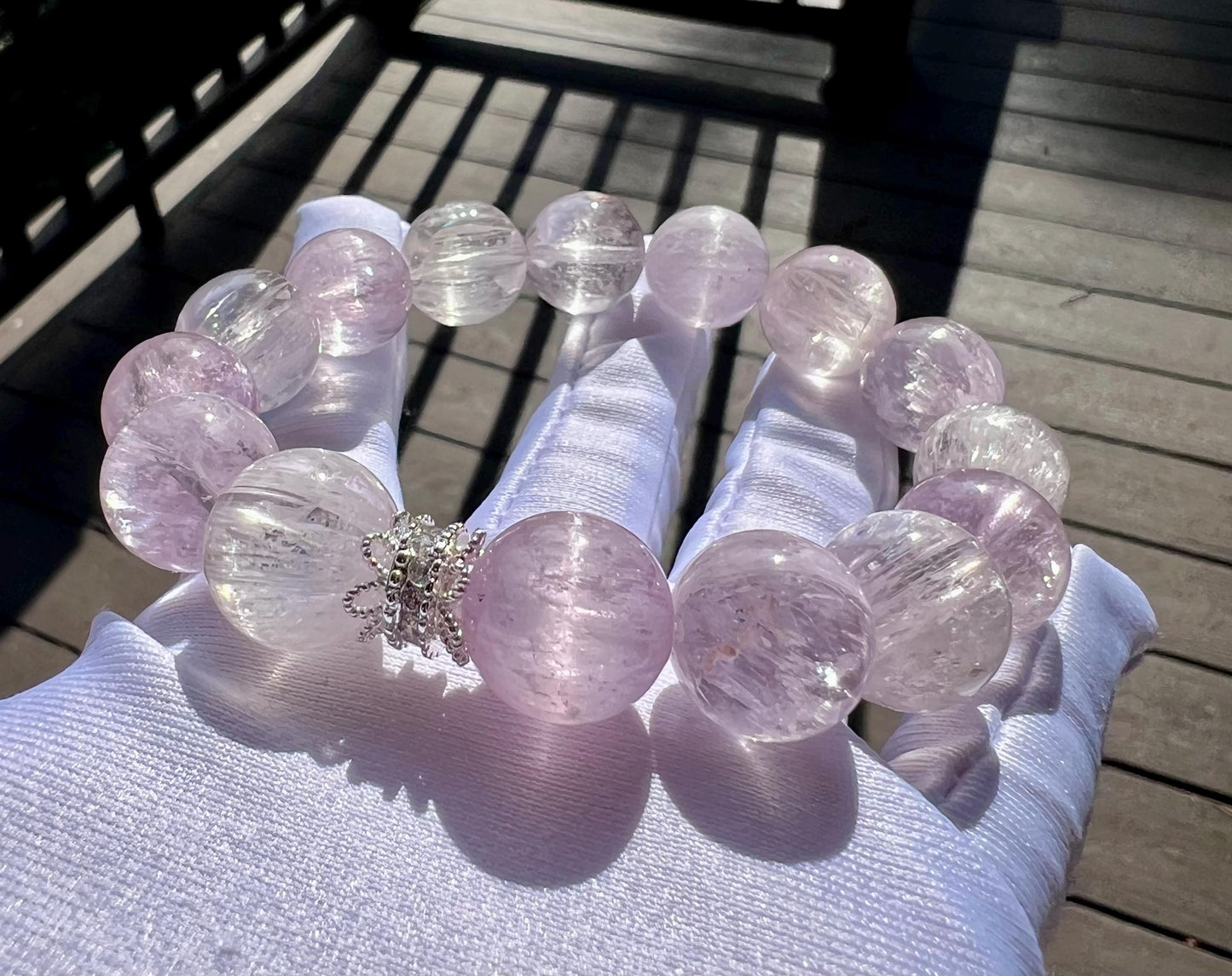 14mm+ Certified natural Icy Kunzite bracelet /high clarity chatoyant Kunzite /light multi color天然精品 冰种 猫眼拉丝紫锂辉手串 淡彩紫锂辉#2921/ 高冰透闪 强光猫眼