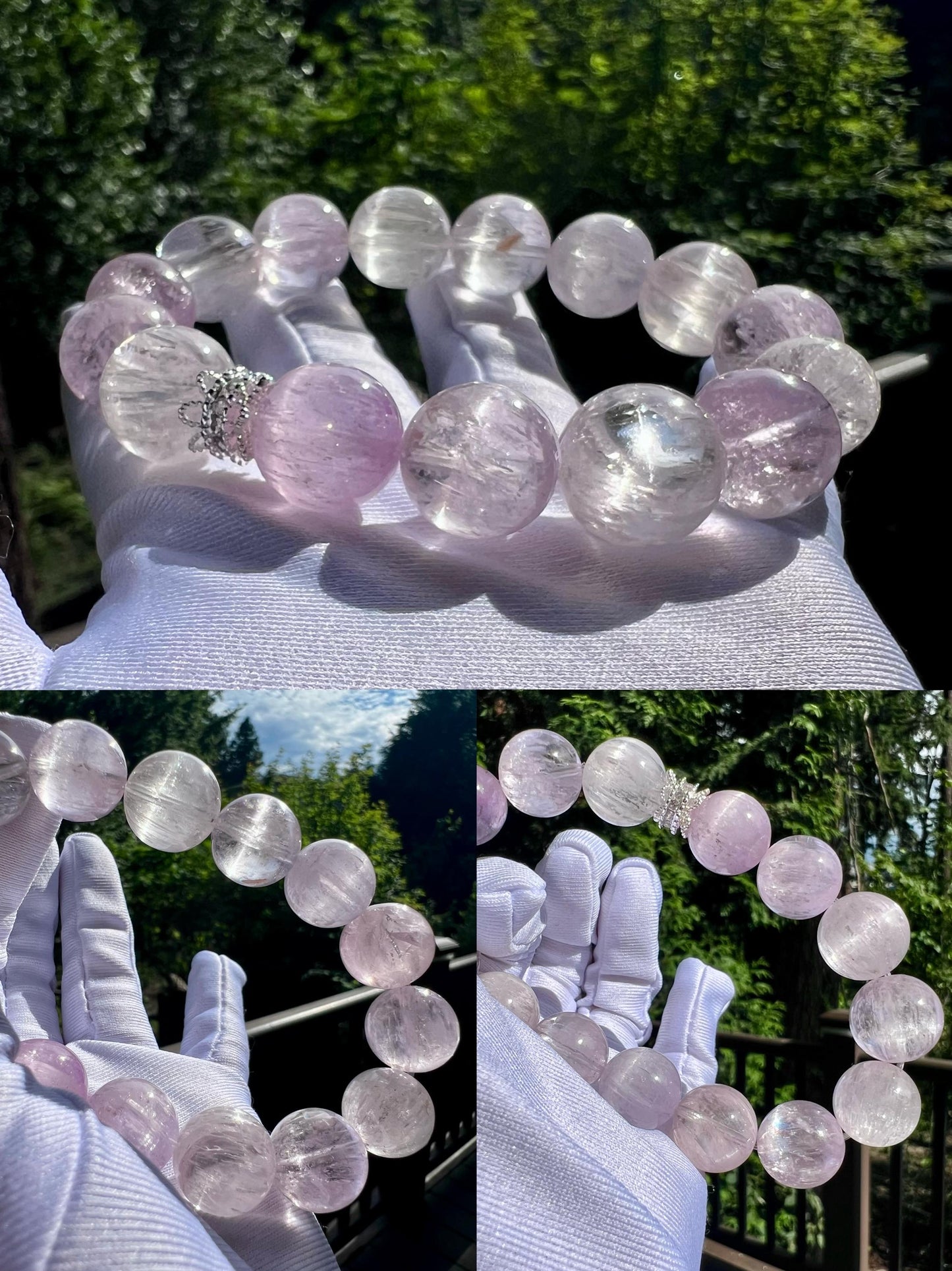 14mm+ Certified natural Icy Kunzite bracelet /high clarity chatoyant Kunzite /light multi color天然精品 冰种 猫眼拉丝紫锂辉手串 淡彩紫锂辉#2921/ 高冰透闪 强光猫眼