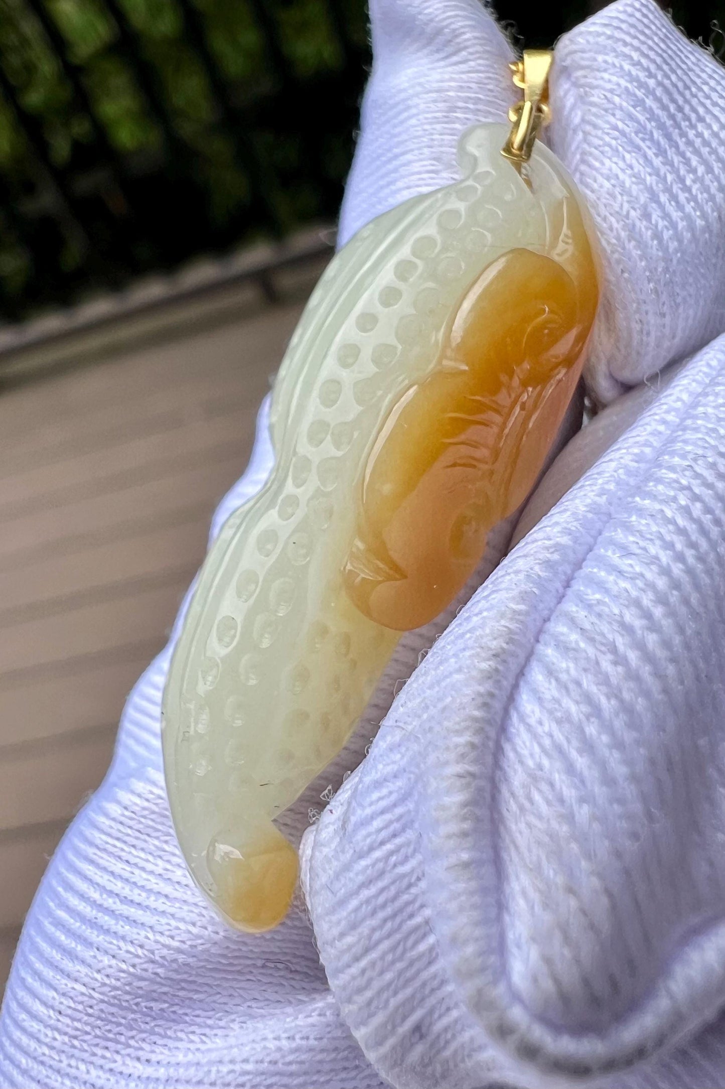 Certified natural jade/ Qiemo brown white nephrite carved Ruyi peanut pendant necklace/gold 18k 天然精品软玉 且末糖白玉生生如意吊坠 特细料#5532