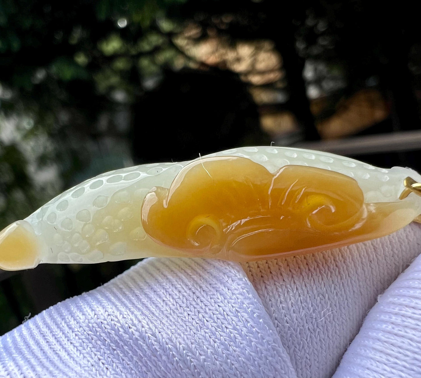 Certified natural jade/ Qiemo brown white nephrite carved Ruyi peanut pendant necklace/gold 18k 天然精品软玉 且末糖白玉生生如意吊坠 特细料#5532