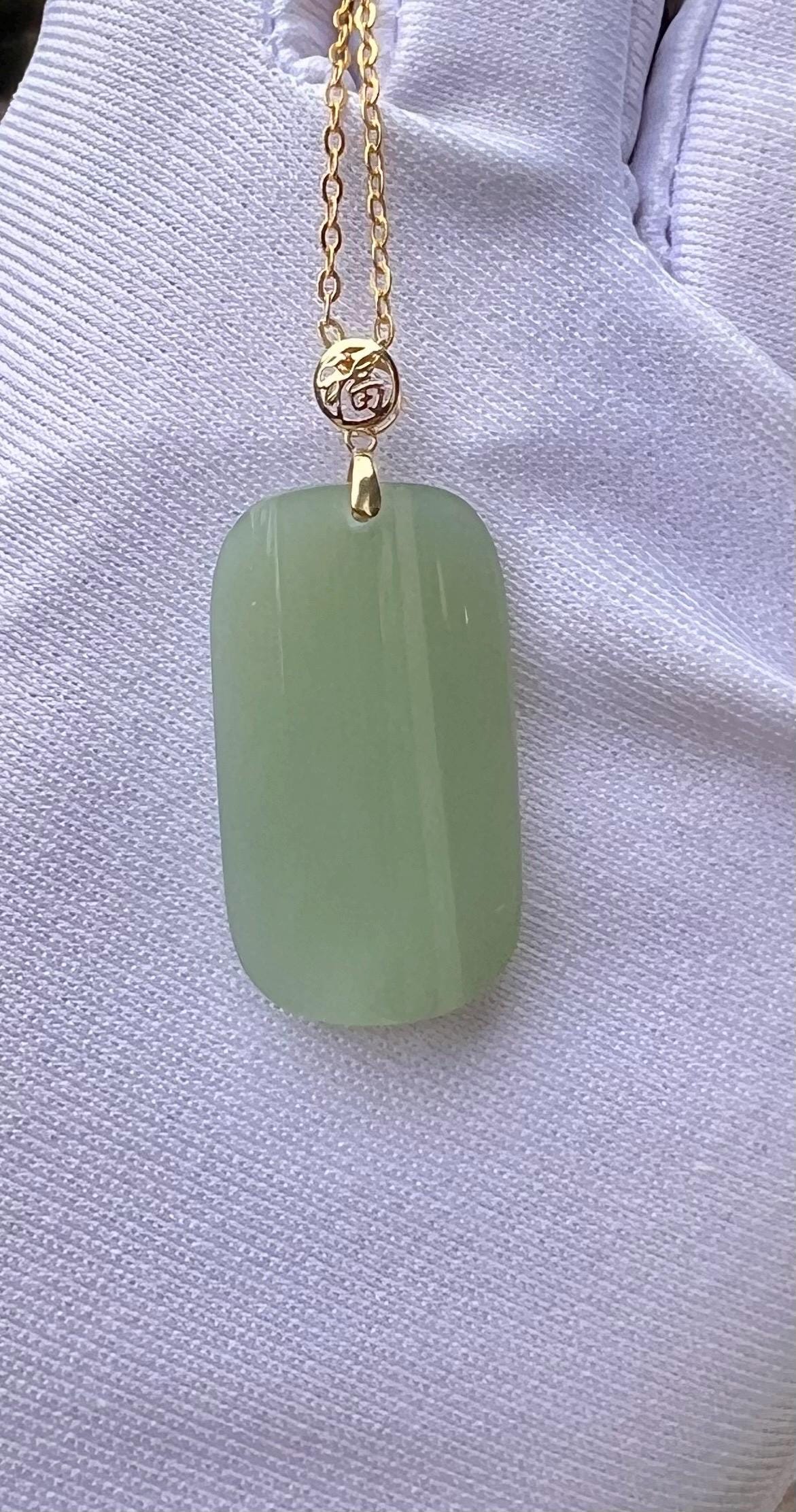 Certified natural nephrite green jade/ icy bluish green nephrite pendant/rectangle pendant necklace gold 18k 天然精品软玉 碧玉粉青吊坠#3657 冰底无结构 起莹光