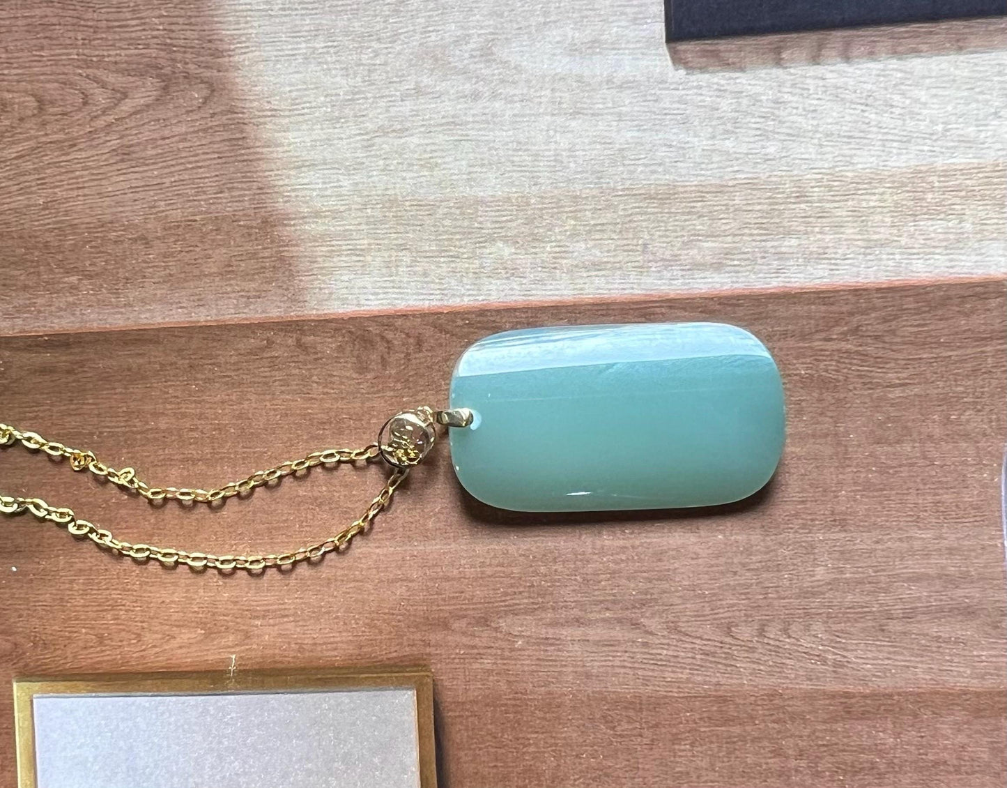 Certified natural nephrite green jade/ icy bluish green nephrite pendant/rectangle pendant necklace gold 18k 天然精品软玉 碧玉粉青吊坠#3657 冰底无结构 起莹光