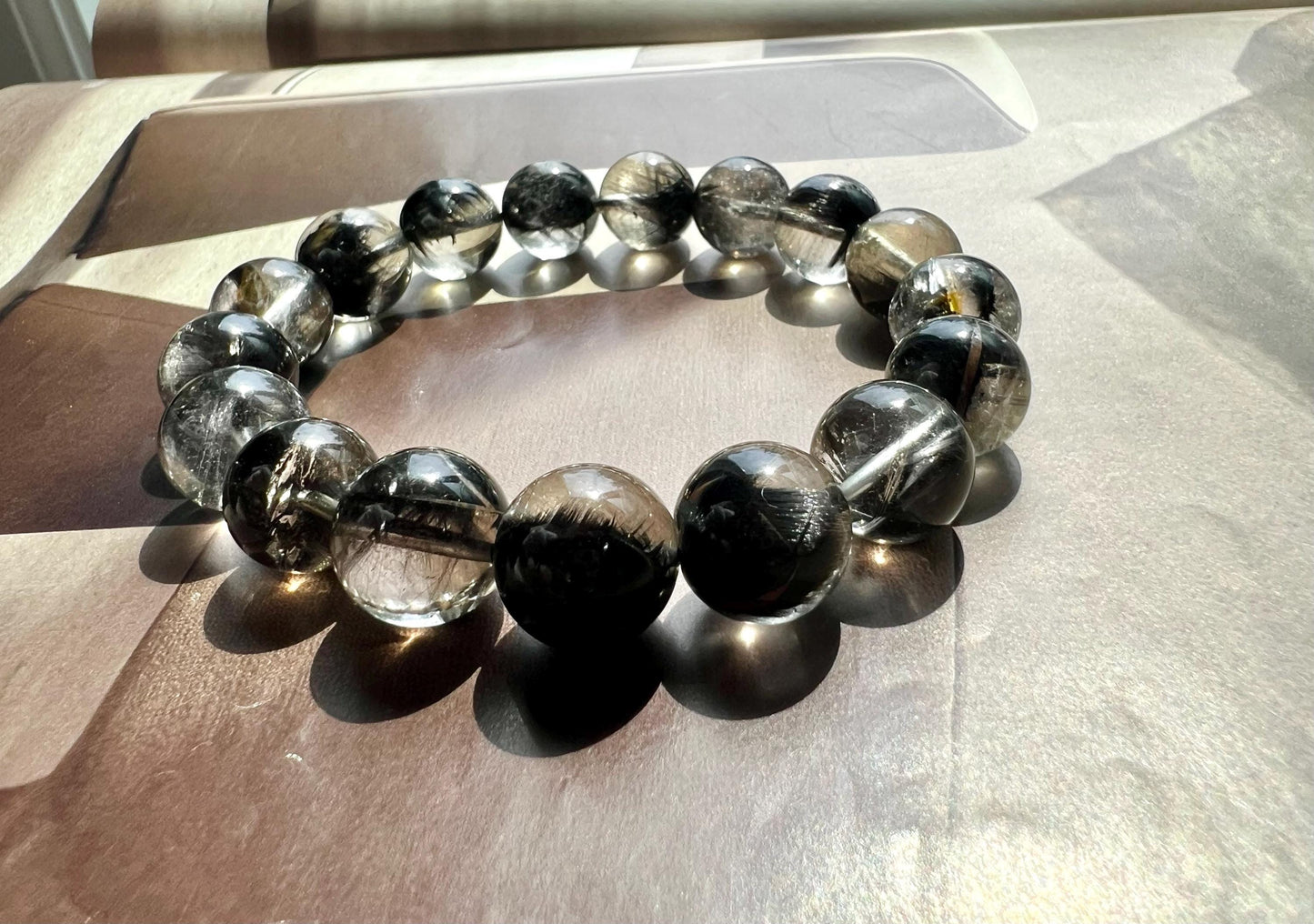 12mm+ Certified natural Brookite quartz bracelet/platy black silver brookite /silver chatoyancy天然收藏精品 黑银钛手串 顺发板钛猫眼 #8379