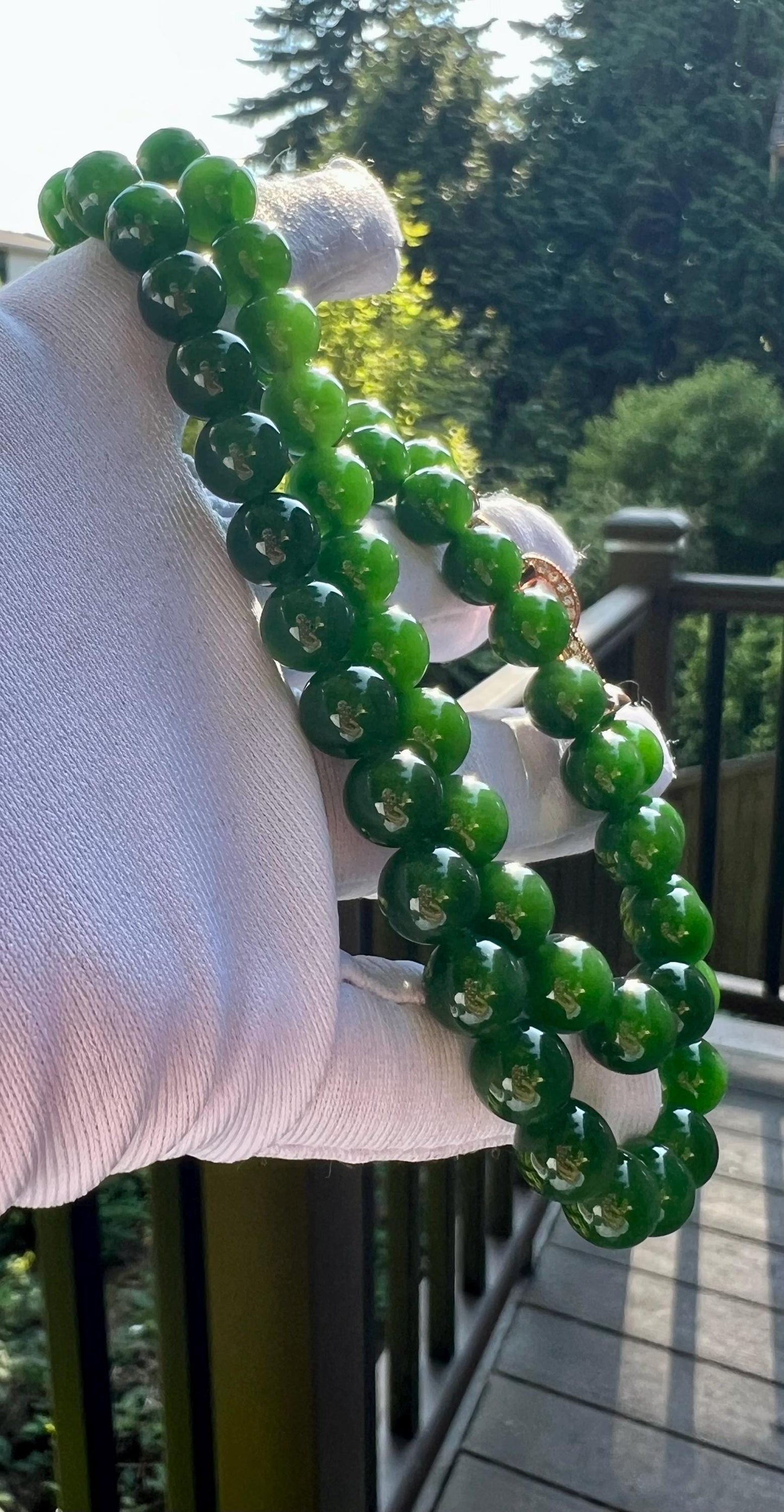8mm+ Certified natural nephrite green jade/Siberian green nephrite necklace /rich bright green color 天然精品软玉 俄料碧玉项链 辣阳绿 #1831 高色