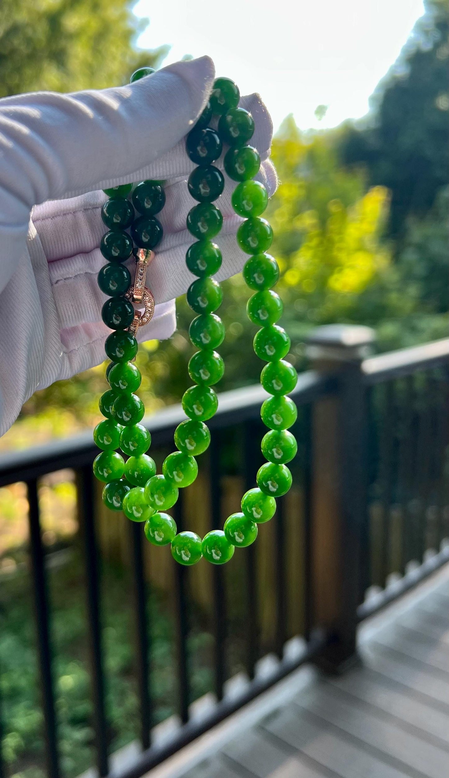 8mm+ Certified natural nephrite green jade/Siberian green nephrite necklace /rich bright green color 天然精品软玉 俄料碧玉项链 辣阳绿 #1831 高色