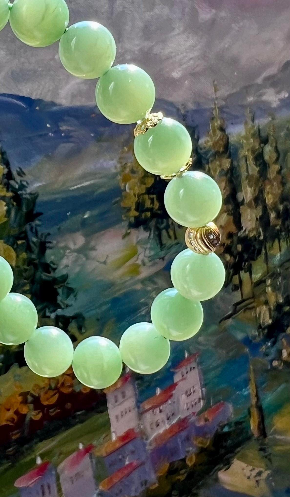 10mm Certified natural nephrite green jade/ chatoyant bluish green nephrite Bracelet天然 碧玉手串 冰糯起莹光 猫眼粉青 #3078