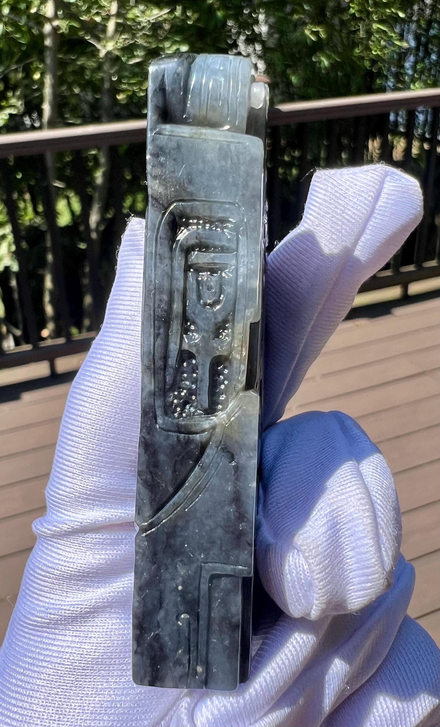 Certified natural river jade/White and black Qinghua nephrite dragon pendant/Azure Dragon nephrite handheld天然精品软玉 子料青花手把件 青龙守护/摆件 #3948 老料原皮