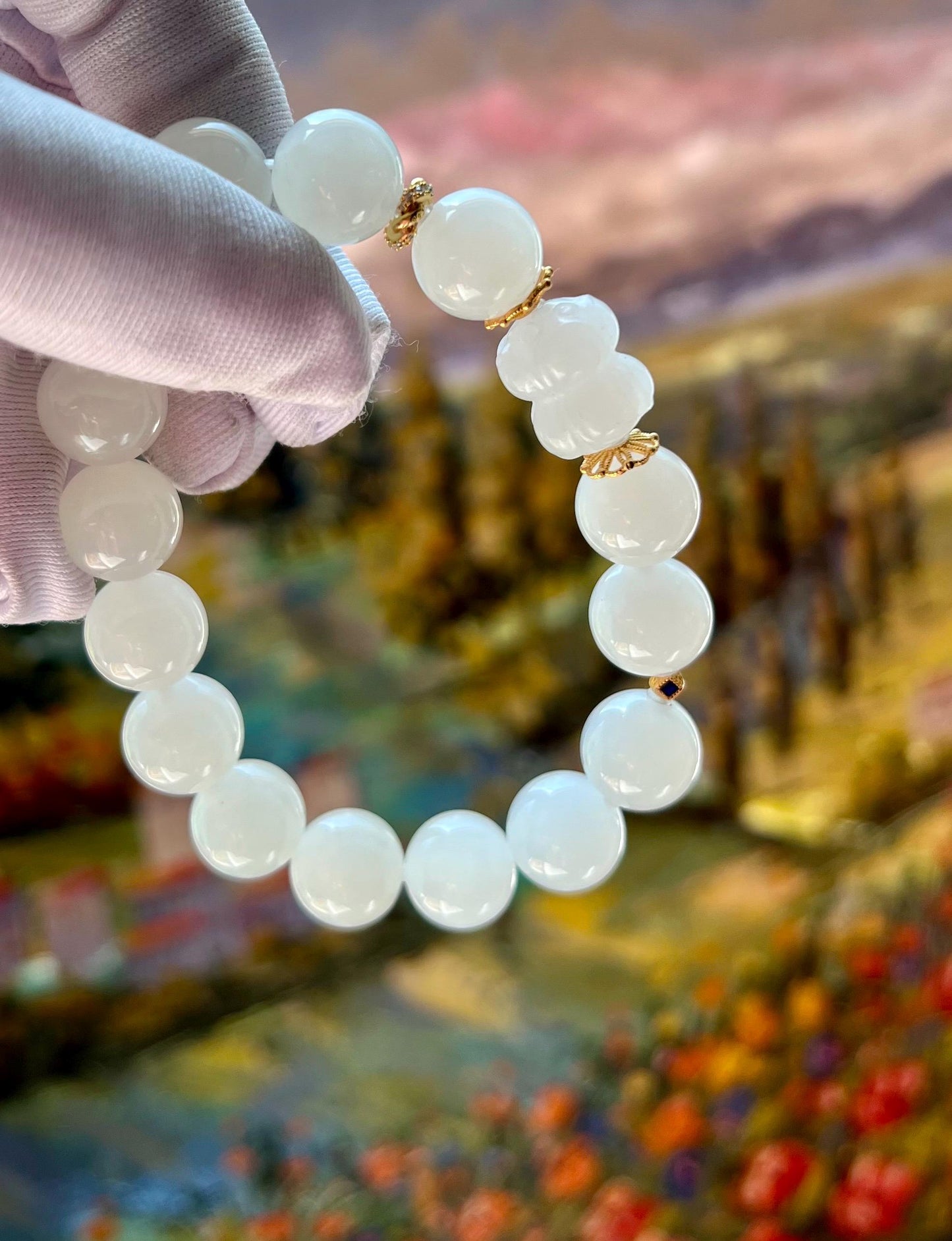 12mm Certified natural jade/Qinghai old mine white nephrite bracelet/white nephrite twin lotus 天然精品软玉 白玉圆珠手串 白玉并蒂莲 #2974 老熟料 白润细糯