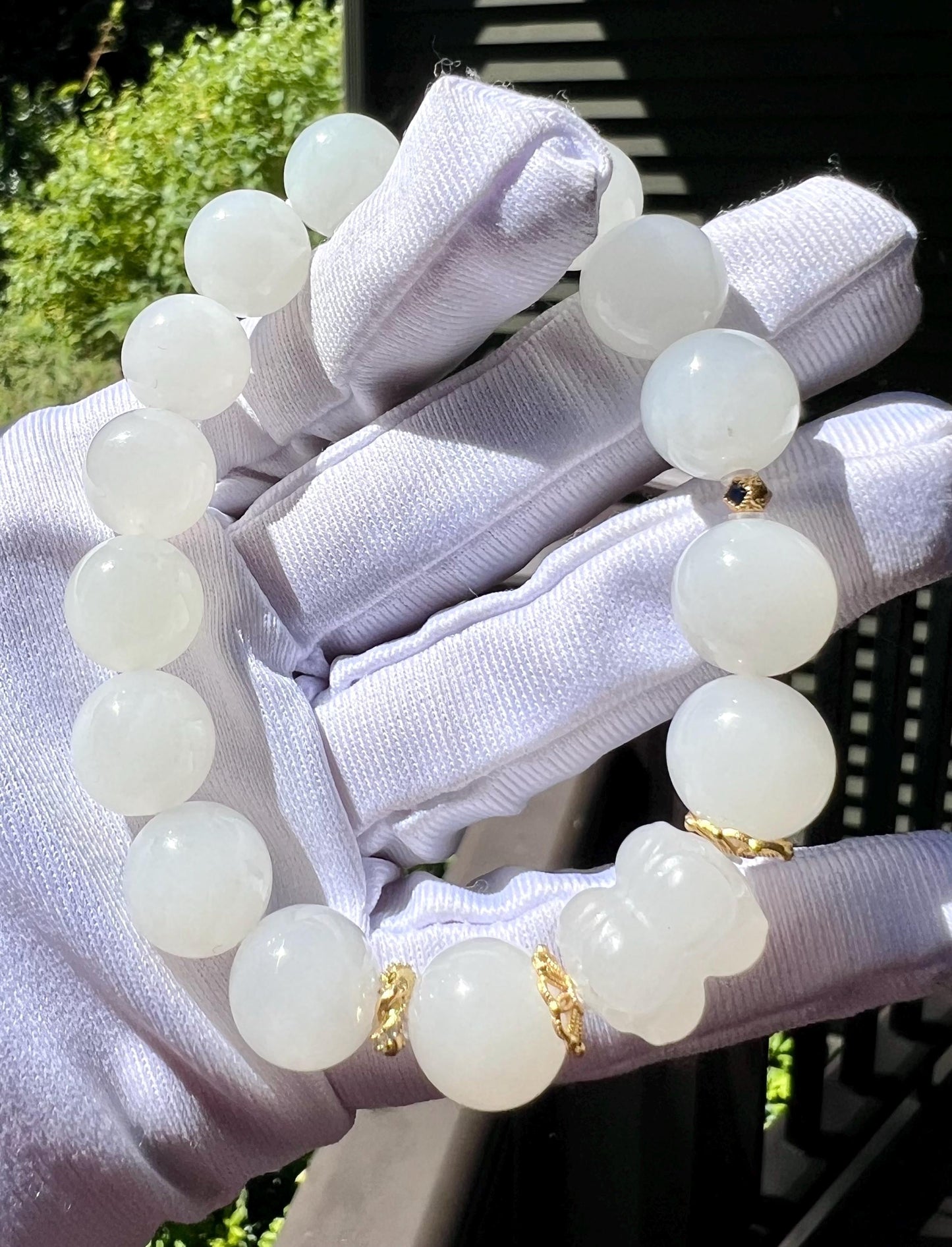 12mm Certified natural jade/Qinghai old mine white nephrite bracelet/white nephrite twin lotus 天然精品软玉 白玉圆珠手串 白玉并蒂莲 #2974 老熟料 白润细糯