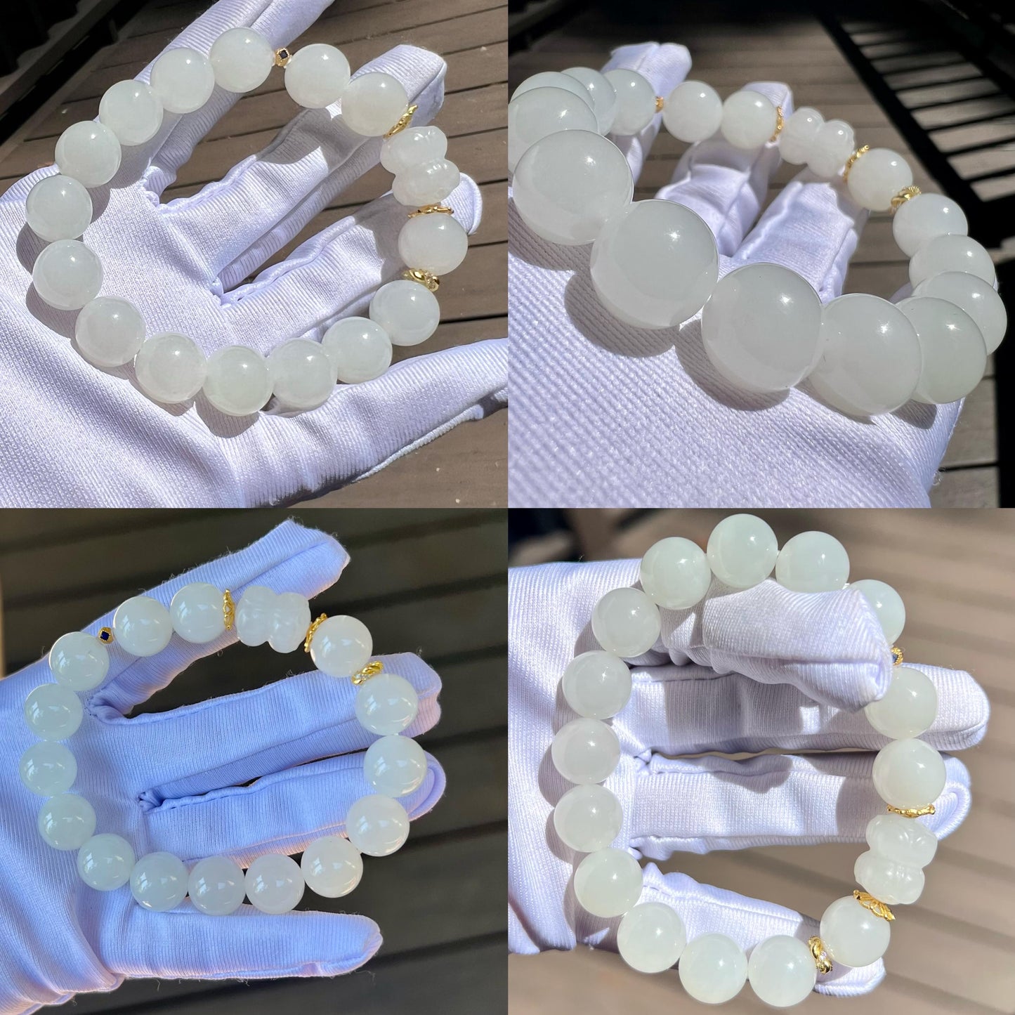 12mm Certified natural jade/Qinghai old mine white nephrite bracelet/white nephrite twin lotus 天然精品软玉 白玉圆珠手串 白玉并蒂莲 #2974 老熟料 白润细糯