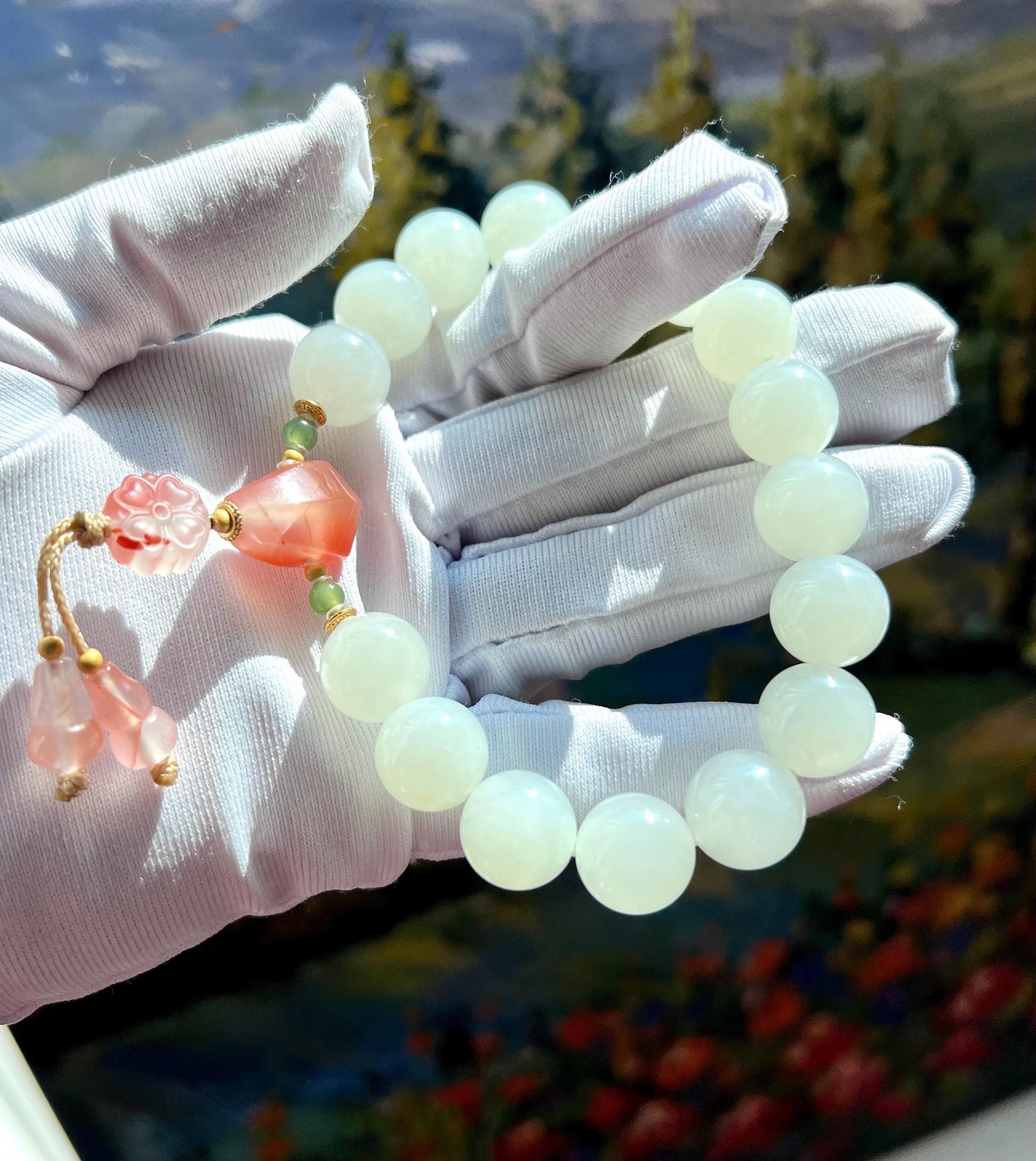 12mm Certified natural jade/ old mine white nephrite bracelet/handheld bracelet/nanhong charm 天然精品软玉 白玉圆珠手串/手持 南红三通#2963 老熟料 白润细糯