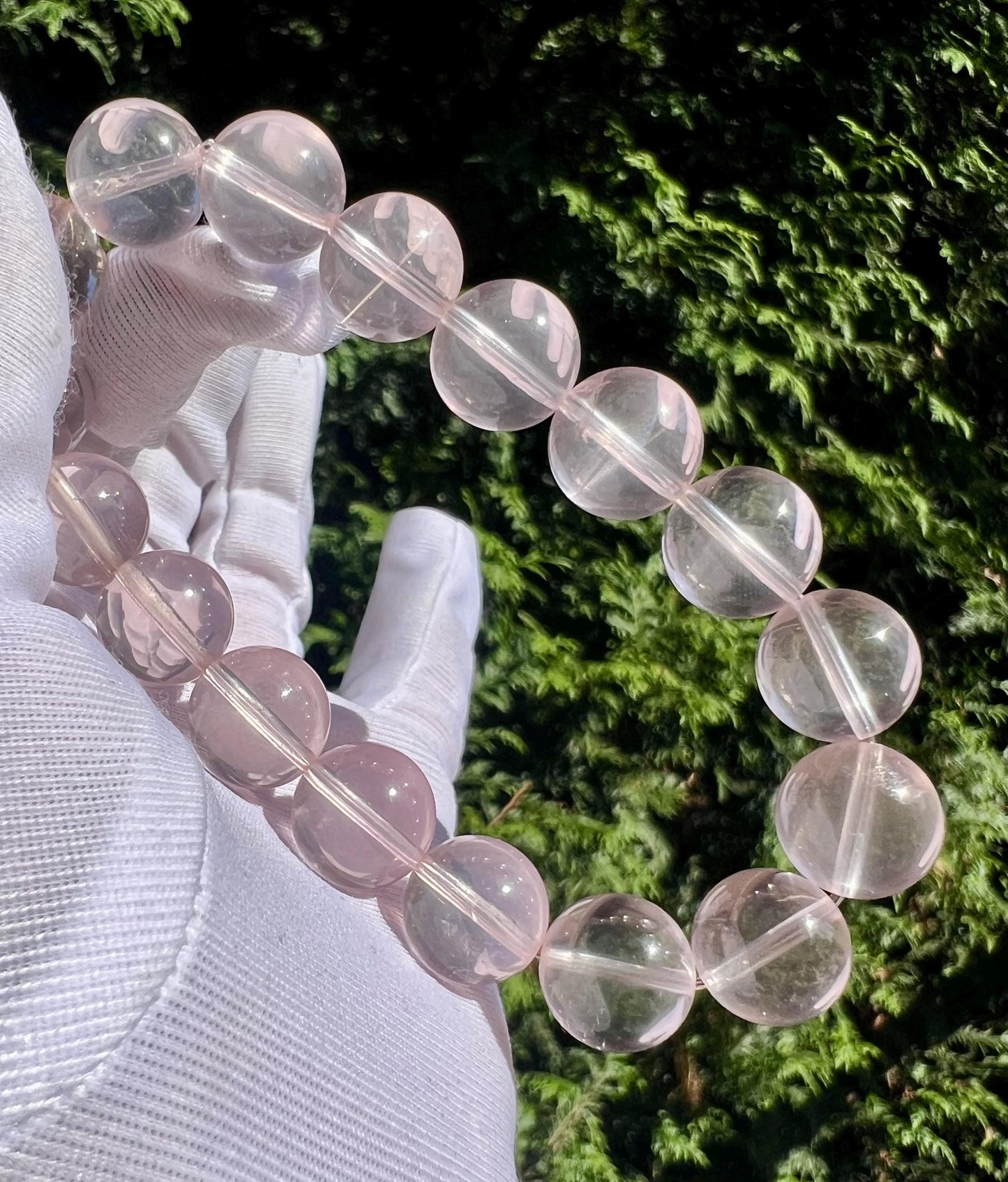12mm+ Natural starlight Rose Quartz bracelet/ high clarity Mozambique rose quartz/light peach pink color 天然精品 星光莫粉水晶手串 纯净冰透浅桃粉 闪亮六芒星