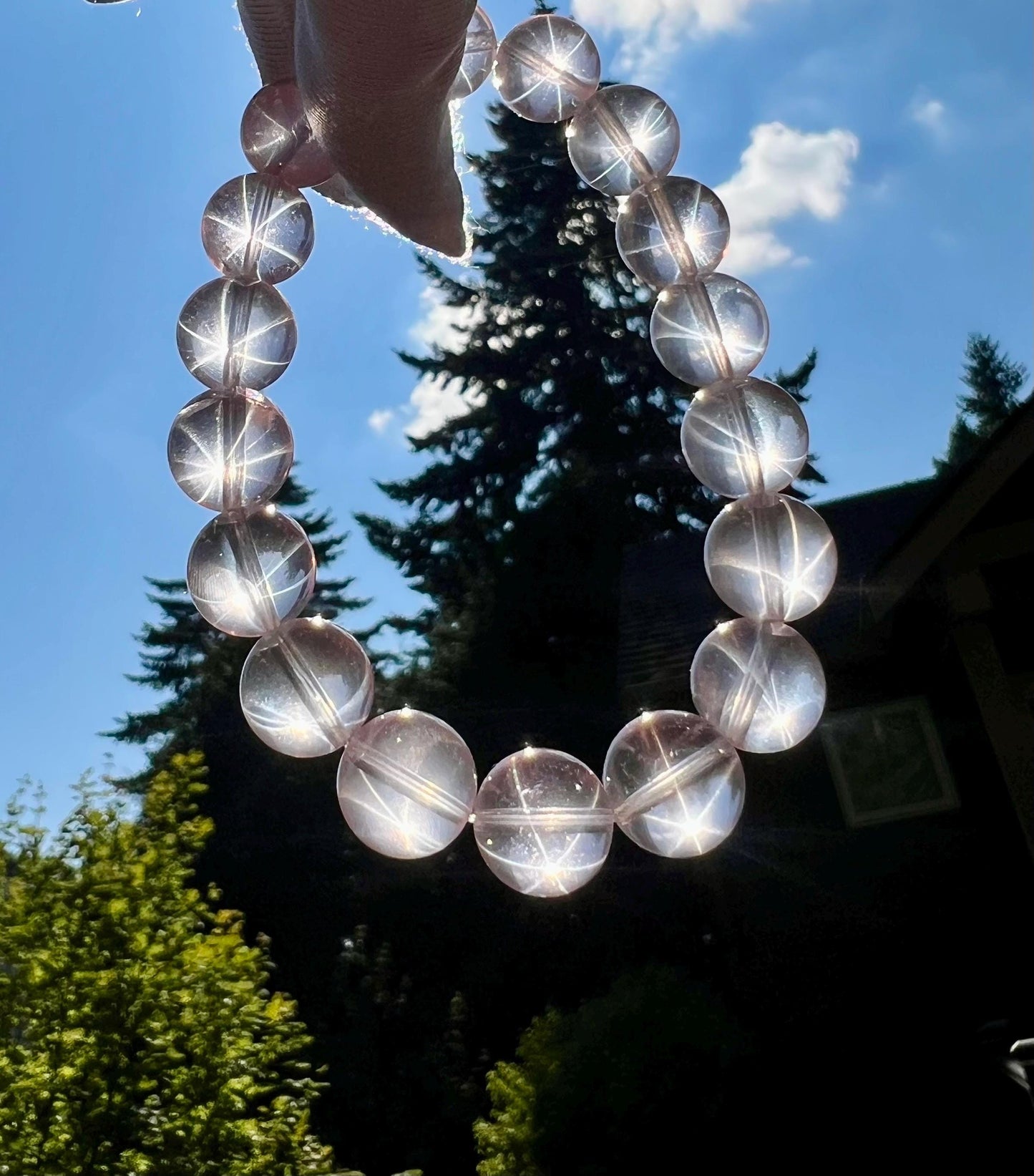 12mm+ Natural starlight Rose Quartz bracelet/ high clarity Mozambique rose quartz/light peach pink color 天然精品 星光莫粉水晶手串 纯净冰透浅桃粉 闪亮六芒星