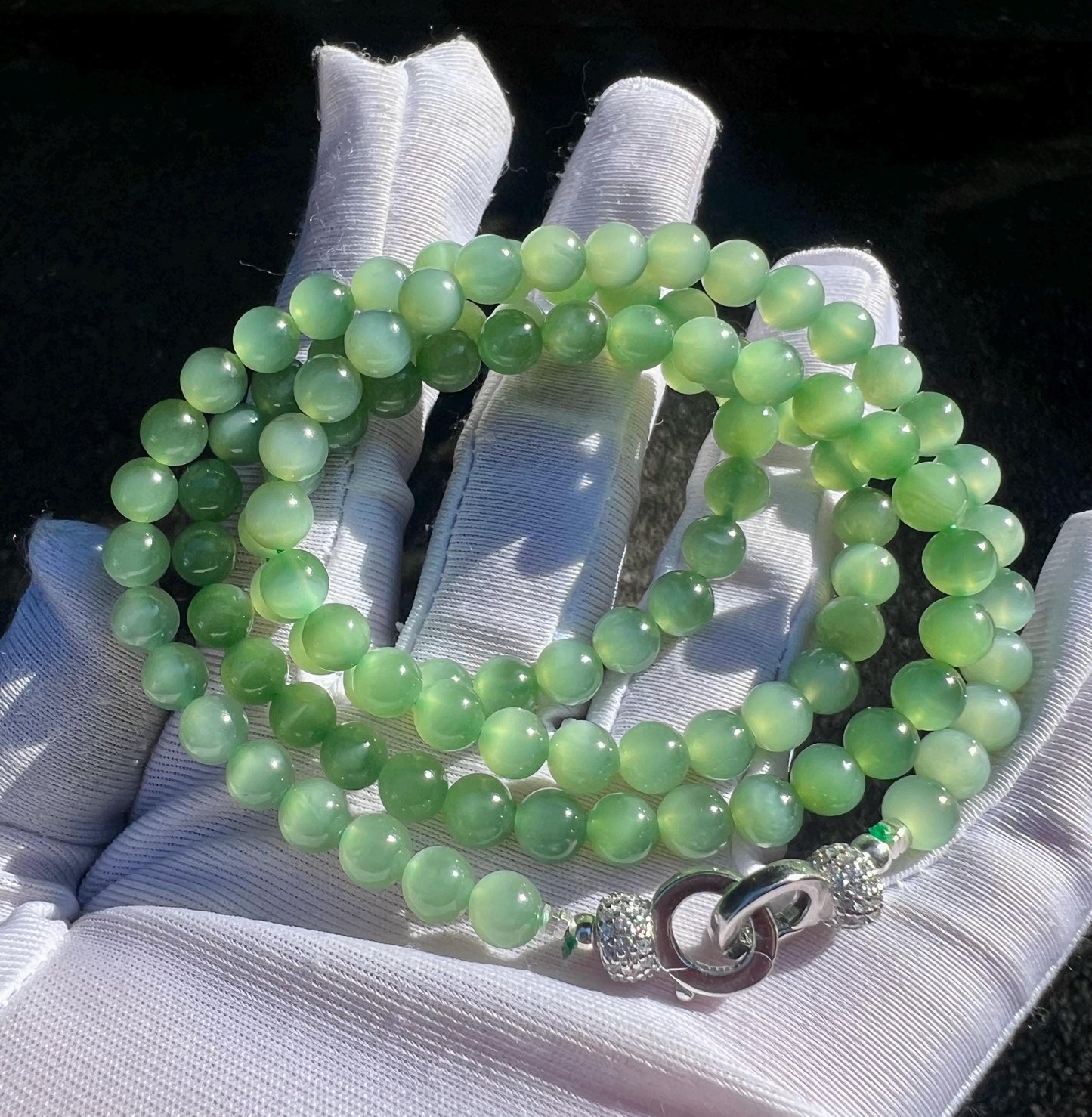 5.8mm Certified natural nephrite green jade/light emerald fruit green nephrite necklace/vivid chatoyant nephrite /天然精品软玉 猫眼碧玉项链/手串#1838