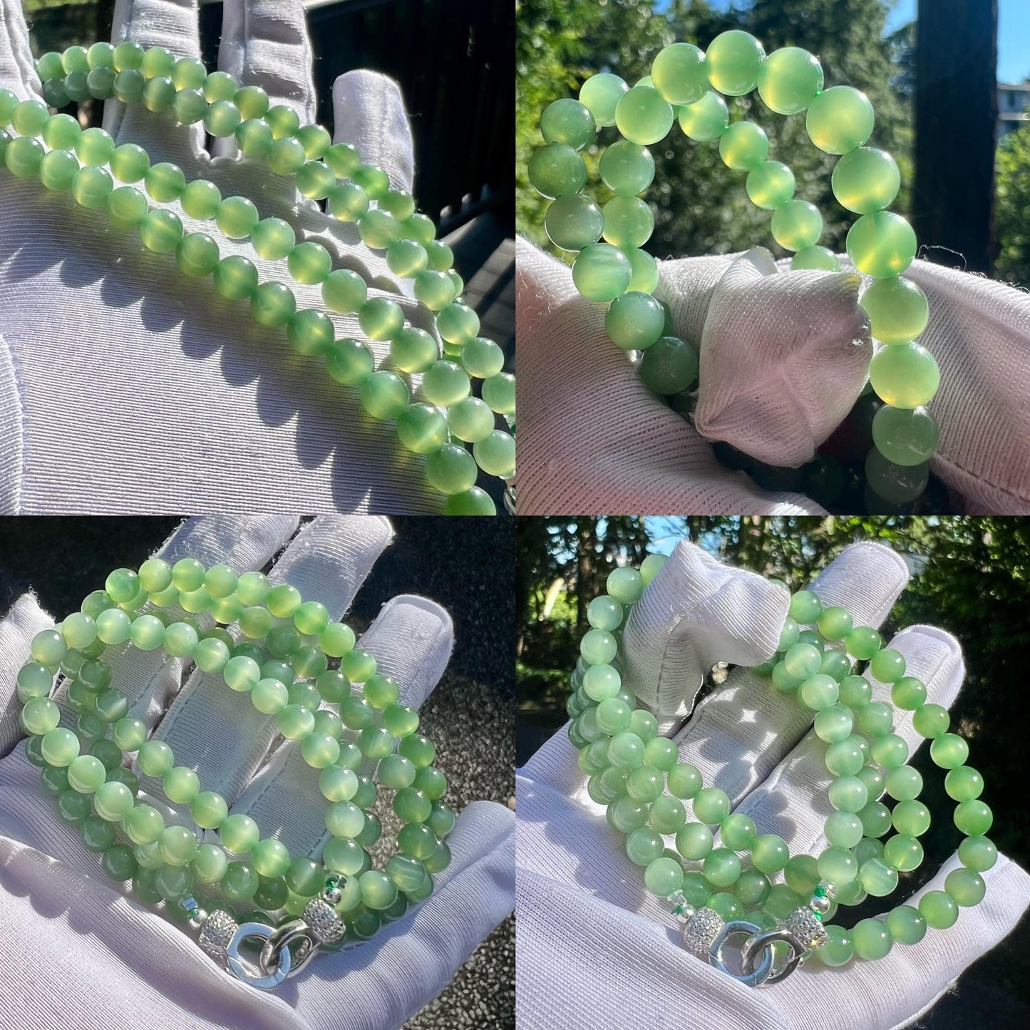 5.8mm Certified natural nephrite green jade/light emerald fruit green nephrite necklace/vivid chatoyant nephrite /天然精品软玉 猫眼碧玉项链/手串#1838