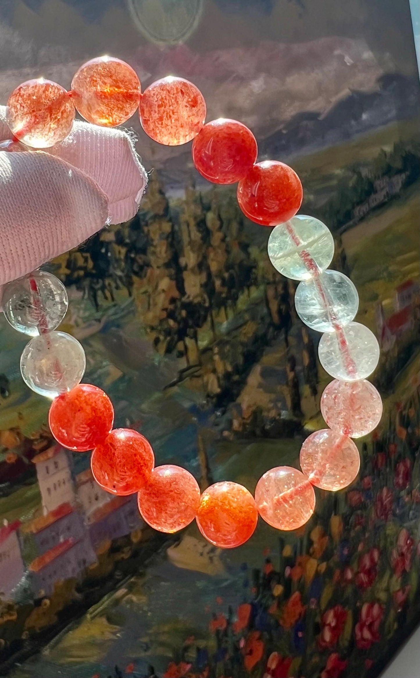 10mm+ Certified natural Arusha bracelet, golden sunstone and light green Beryl/powerful crystal 天然精品 阿鲁沙金太阳石手串 金草莓绿柱石共生#5501