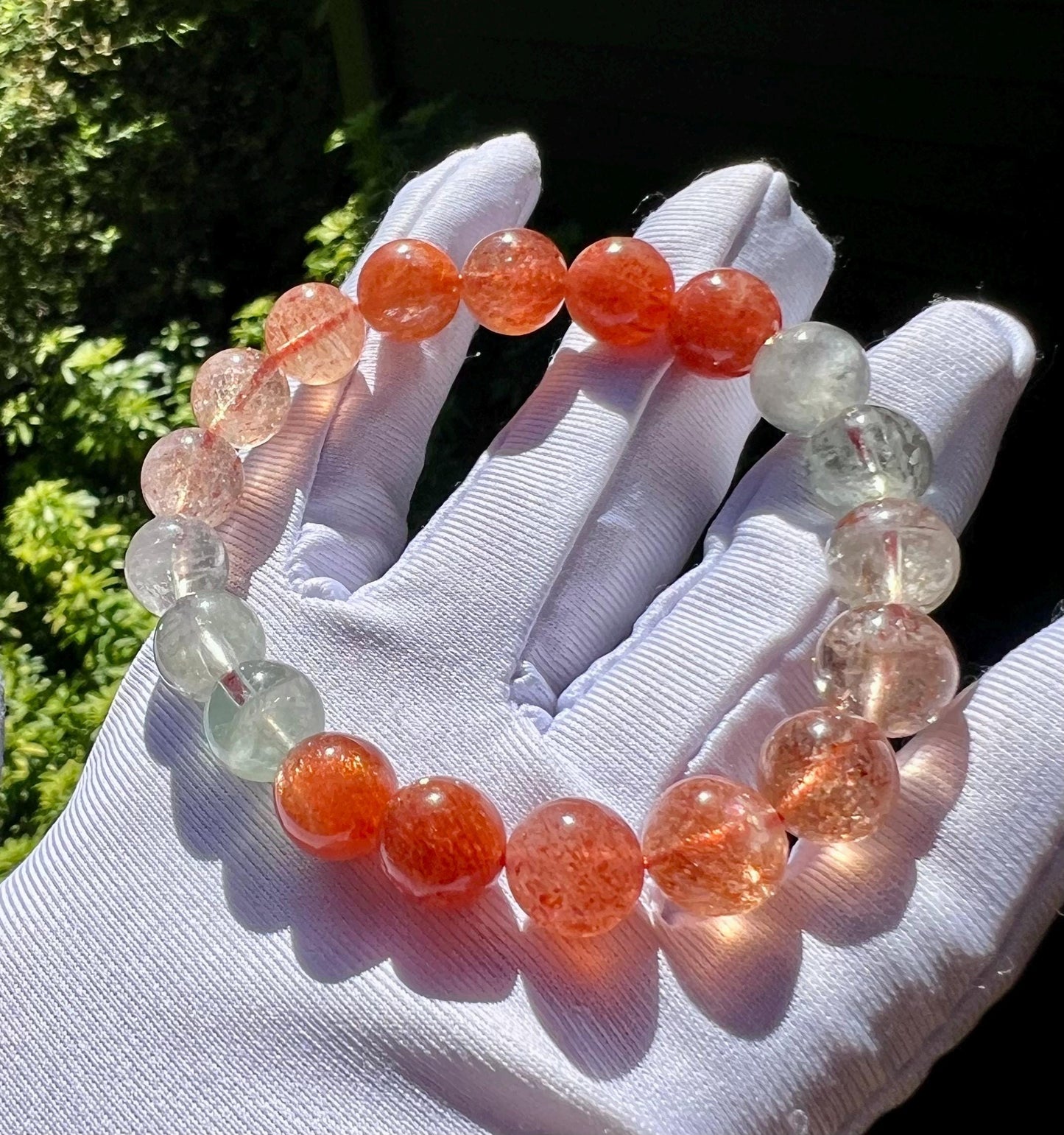 10mm+ Certified natural Arusha bracelet, golden sunstone and light green Beryl/powerful crystal 天然精品 阿鲁沙金太阳石手串 金草莓绿柱石共生#5501