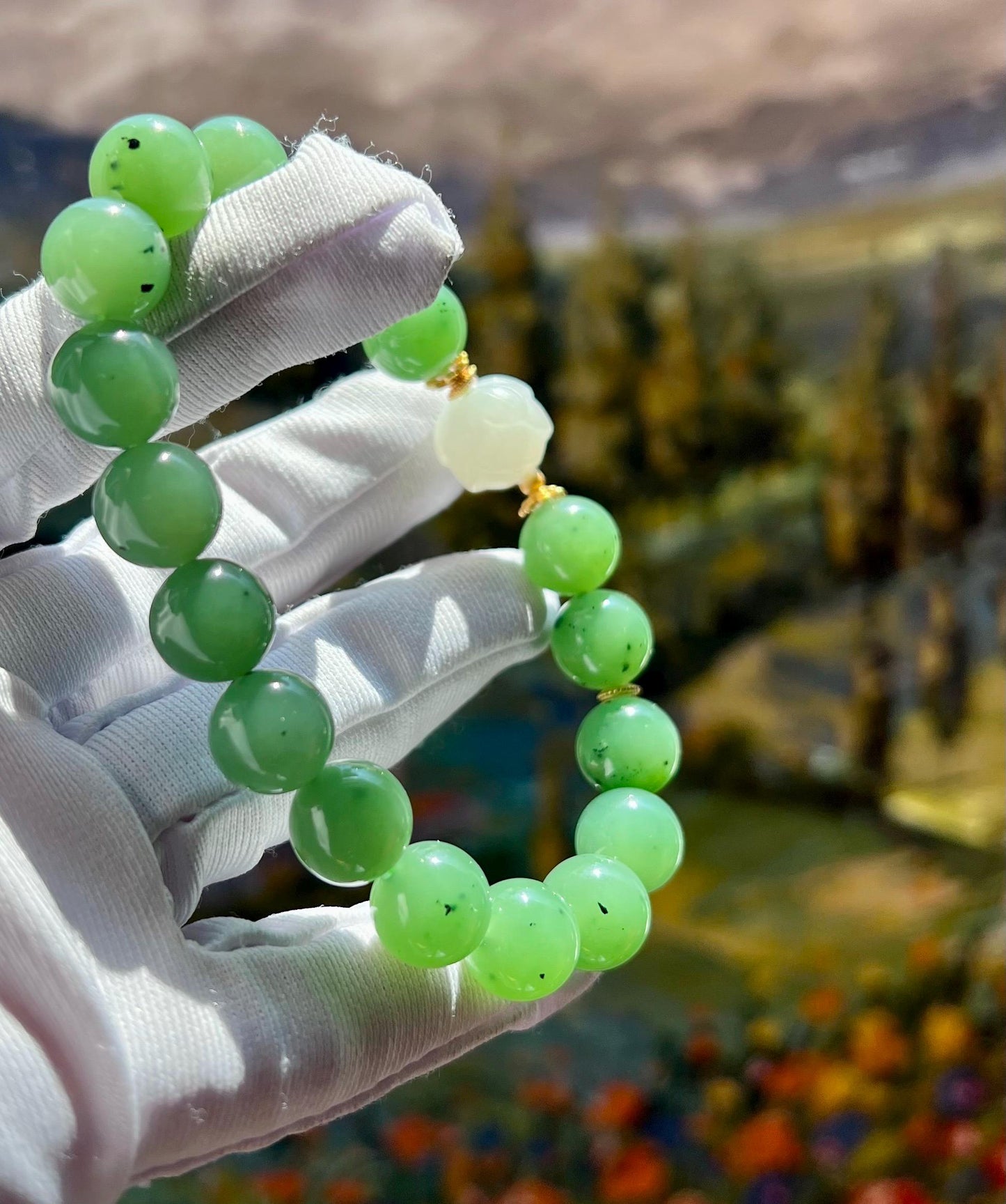 10.3mm+ Certified natural nephrite green jade/ green nephrite bracelet/white nephrite lotus /天然碧玉手串 翠色果绿 搭配白玉莲花 #3423