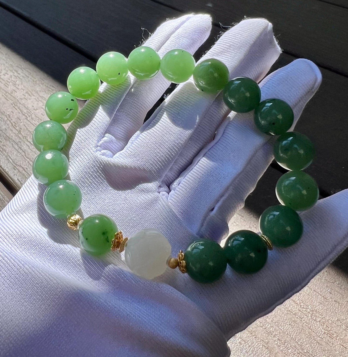 10.3mm+ Certified natural nephrite green jade/ green nephrite bracelet/white nephrite lotus /天然碧玉手串 翠色果绿 搭配白玉莲花 #3423