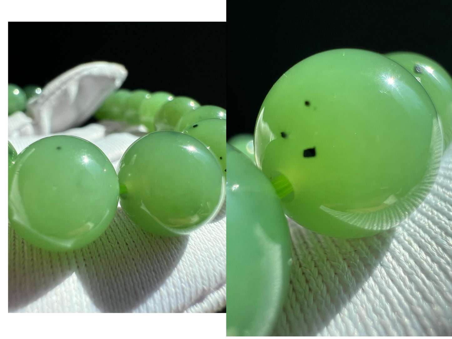 10.3mm+ Certified natural nephrite green jade/ green nephrite bracelet/white nephrite lotus /天然碧玉手串 翠色果绿 搭配白玉莲花 #3423
