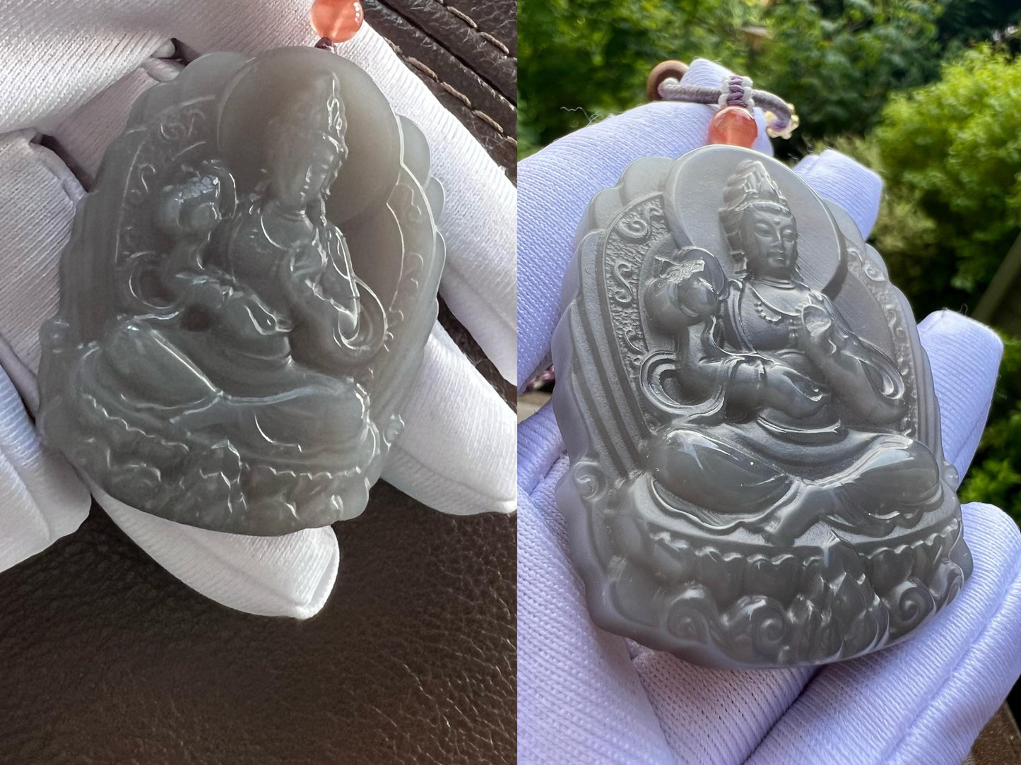 Certified natural purple nephrite carved Guanyin pendant necklace/violet purple nephrite pendant天然精品软玉 青海烟紫玉 紫罗兰色 持莲观音吊坠#0026