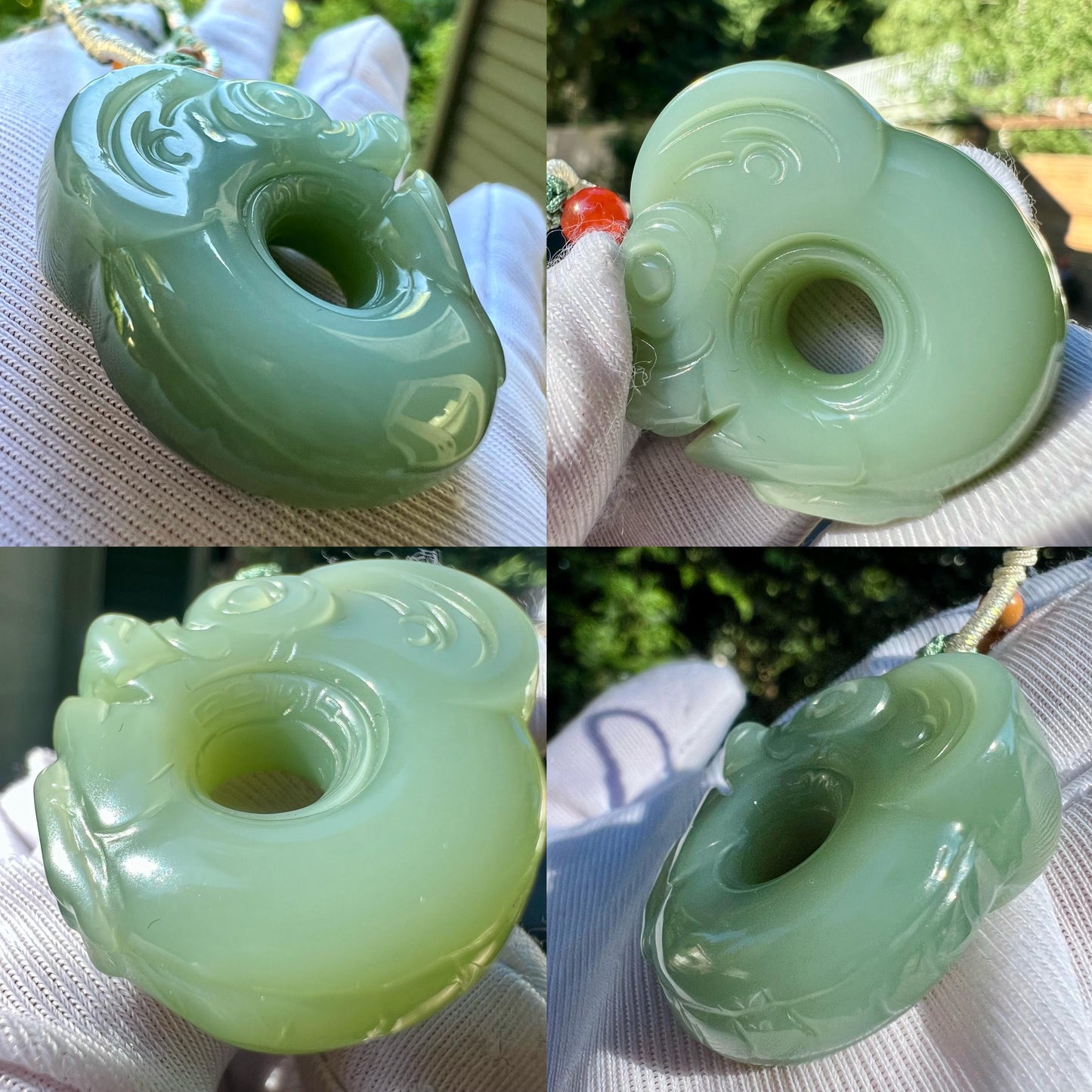 Certified natural nephrite green jade/Siberian light bluish green nephrite pig dragon pendant/hand carved jade necklace天然精品软玉 俄料碧玉粉青玉猪龙#4205 无结构 起莹光