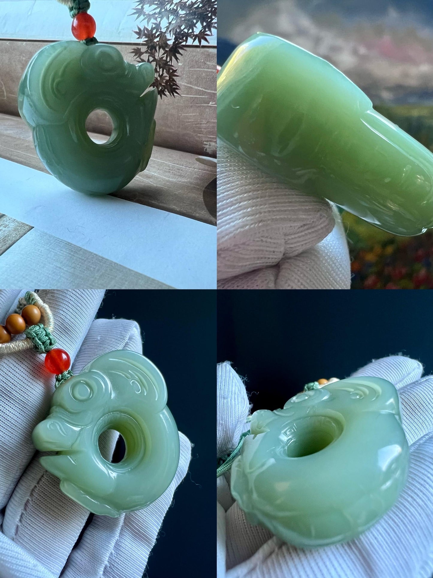 Certified natural nephrite green jade/Siberian light bluish green nephrite pig dragon pendant/hand carved jade necklace天然精品软玉 俄料碧玉粉青玉猪龙#4205 无结构 起莹光