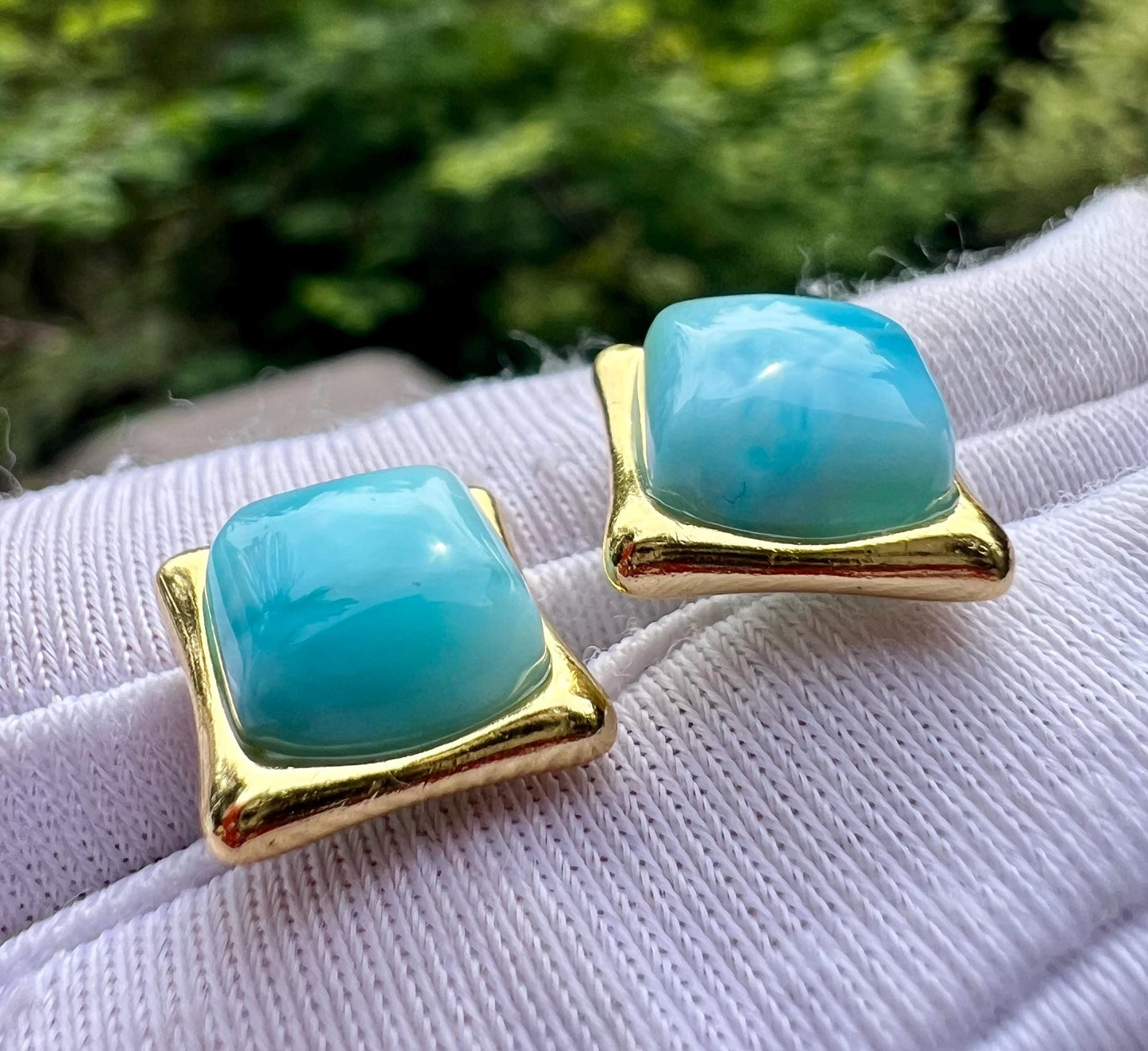 Certified natural Larimar earrings /sea and sky color/square shape stud earrings sterling silver/ 天然海纹石耳钉 耳环 方形切割 波浪纹纯银镶嵌#1053 玉化料