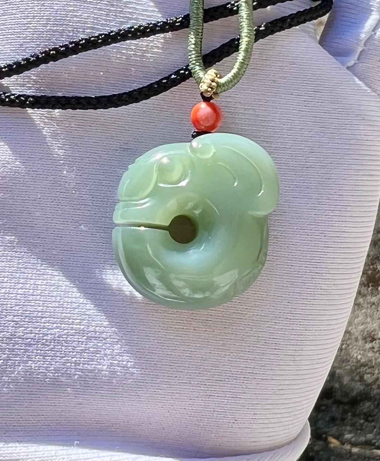 Certified natural nephrite green jade/Siberian light bluish green nephrite pig dragon pendant/hand carved jade necklace天然精品软玉 俄料碧玉粉青玉猪龙#0326 特细 起莹光