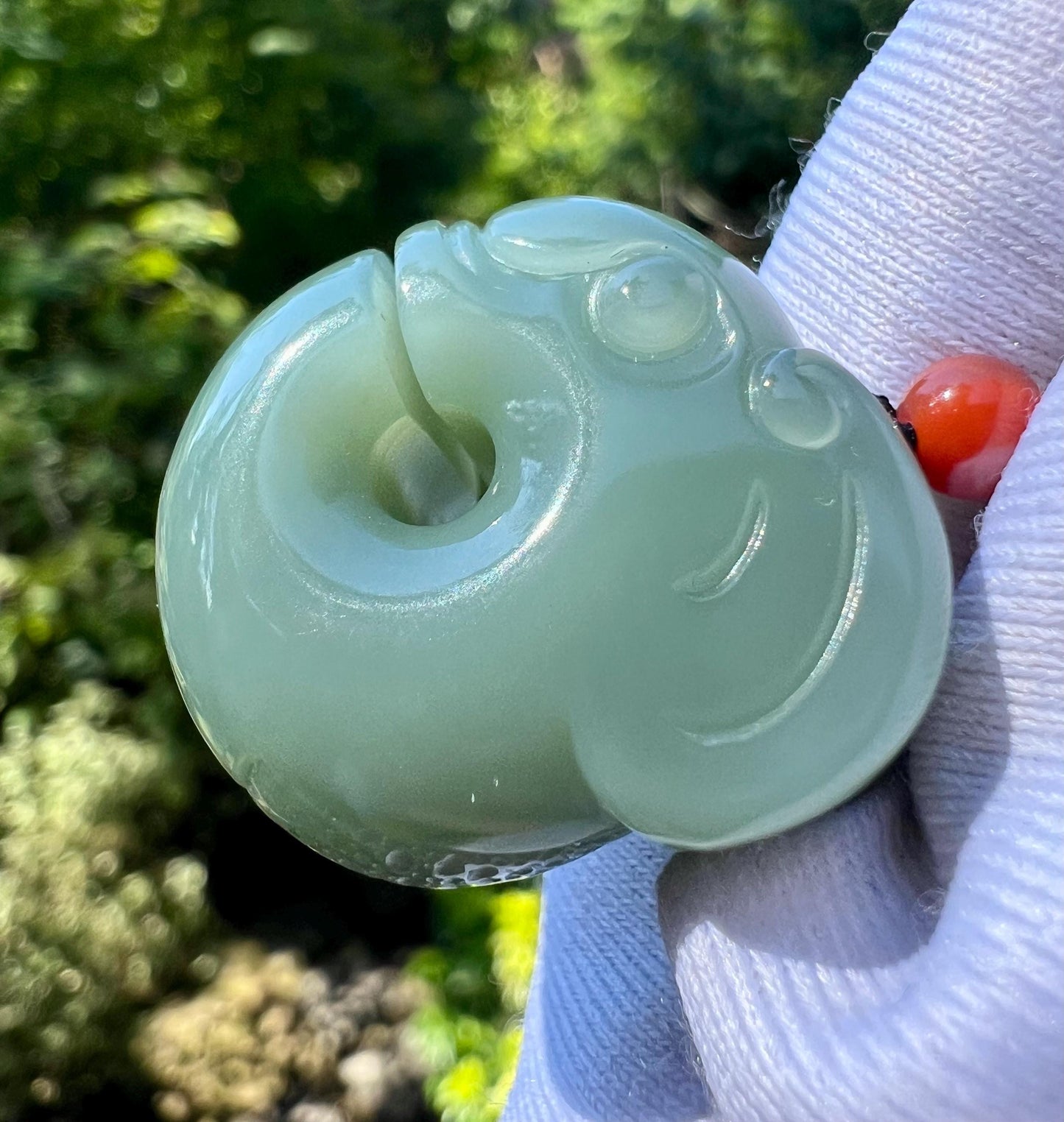Certified natural nephrite green jade/Siberian light bluish green nephrite pig dragon pendant/hand carved jade necklace天然精品软玉 俄料碧玉粉青玉猪龙#0326 特细 起莹光