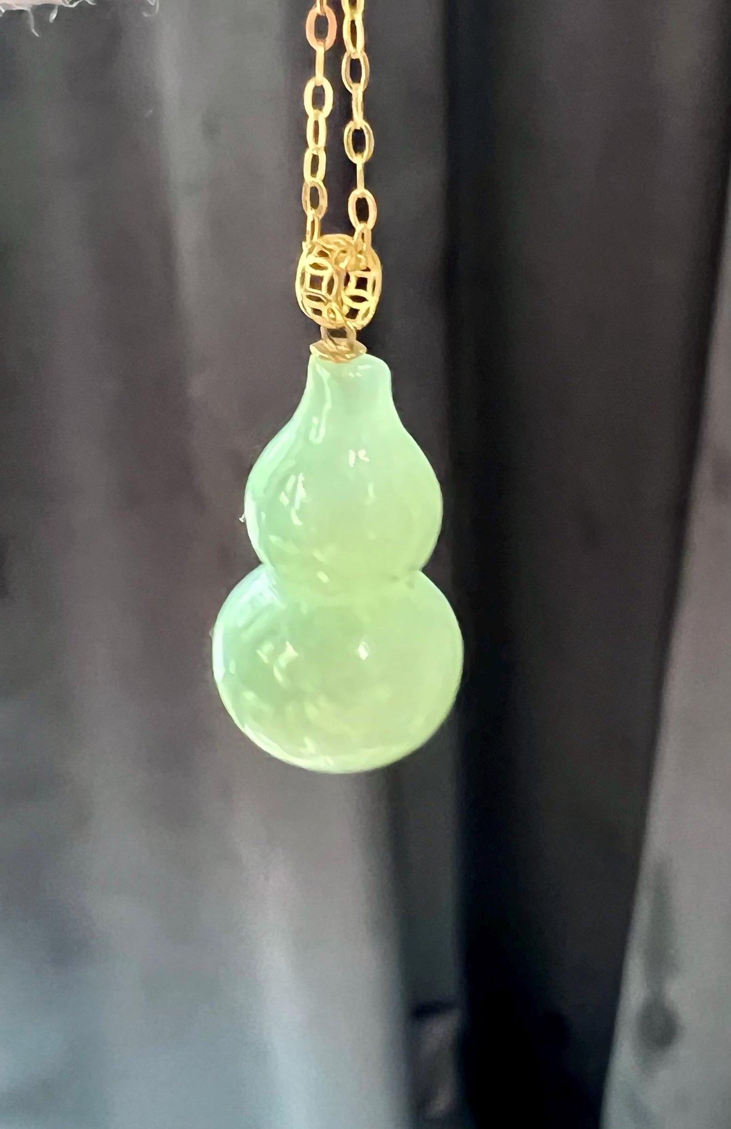 Certified natural nephrite green jade/light bluish green nephrite/ gourd pendant necklace/天然软玉 碧玉 粉青瓷白 葫芦吊坠项链18k金扣头#1730