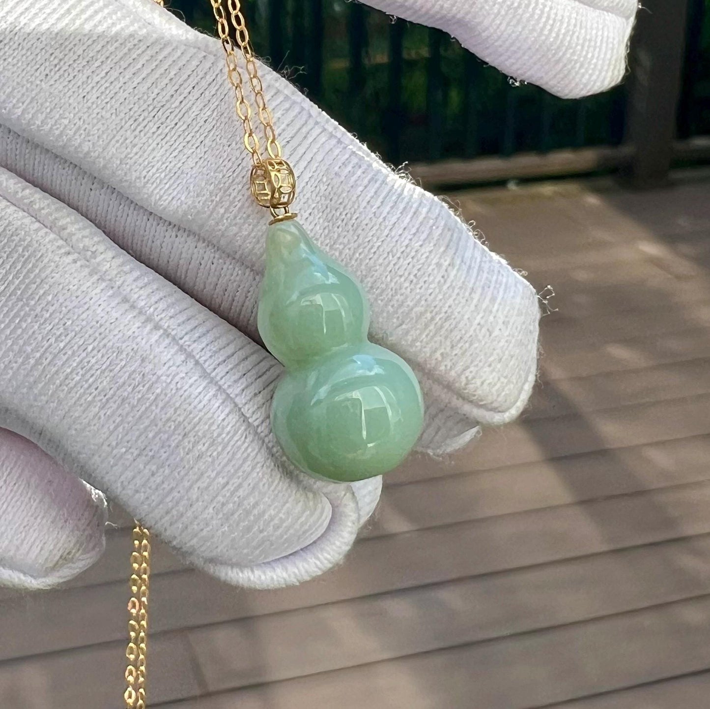 Certified natural nephrite green jade/light bluish green nephrite/ gourd pendant necklace/天然软玉 碧玉 粉青瓷白 葫芦吊坠项链18k金扣头#1730