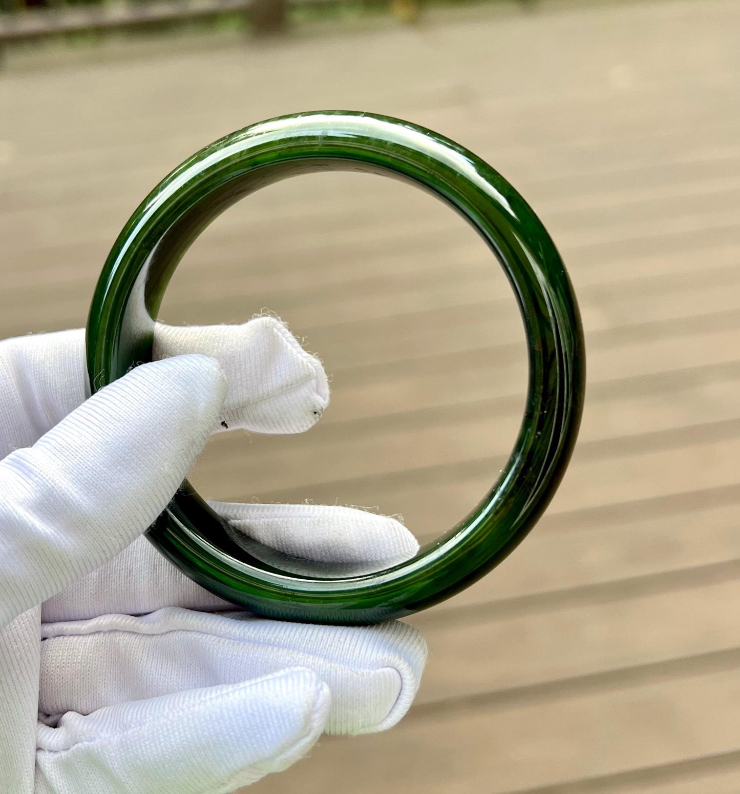 57.3mm Certified natural nephrite green jade /green nephrite Bangle/dark spinach green 天然软玉 碧玉 正圈手镯 平安镯 满色 油润 #4895 墨绿色