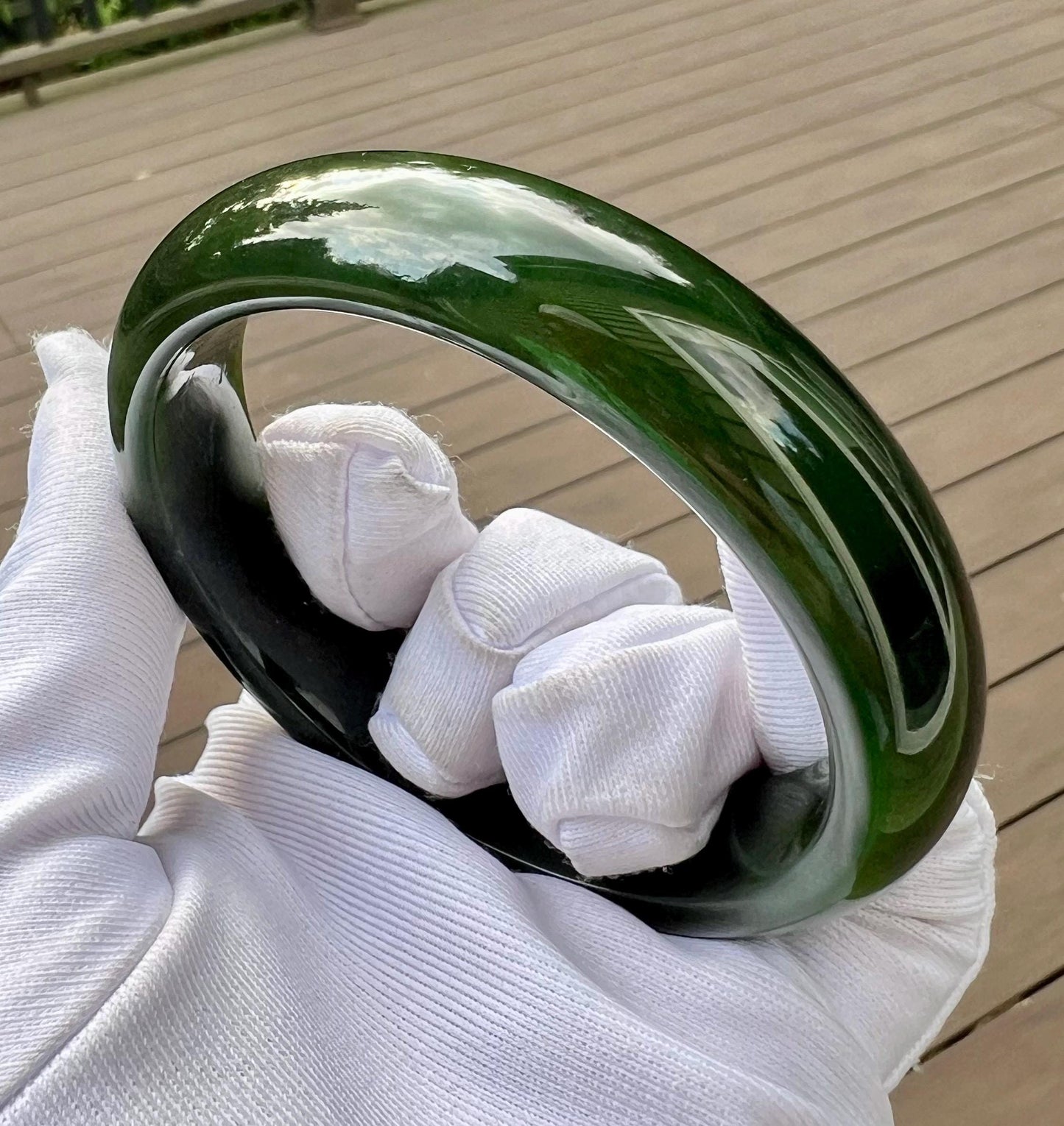 57.3mm Certified natural nephrite green jade /green nephrite Bangle/dark spinach green 天然软玉 碧玉 正圈手镯 平安镯 满色 油润 #4895 墨绿色