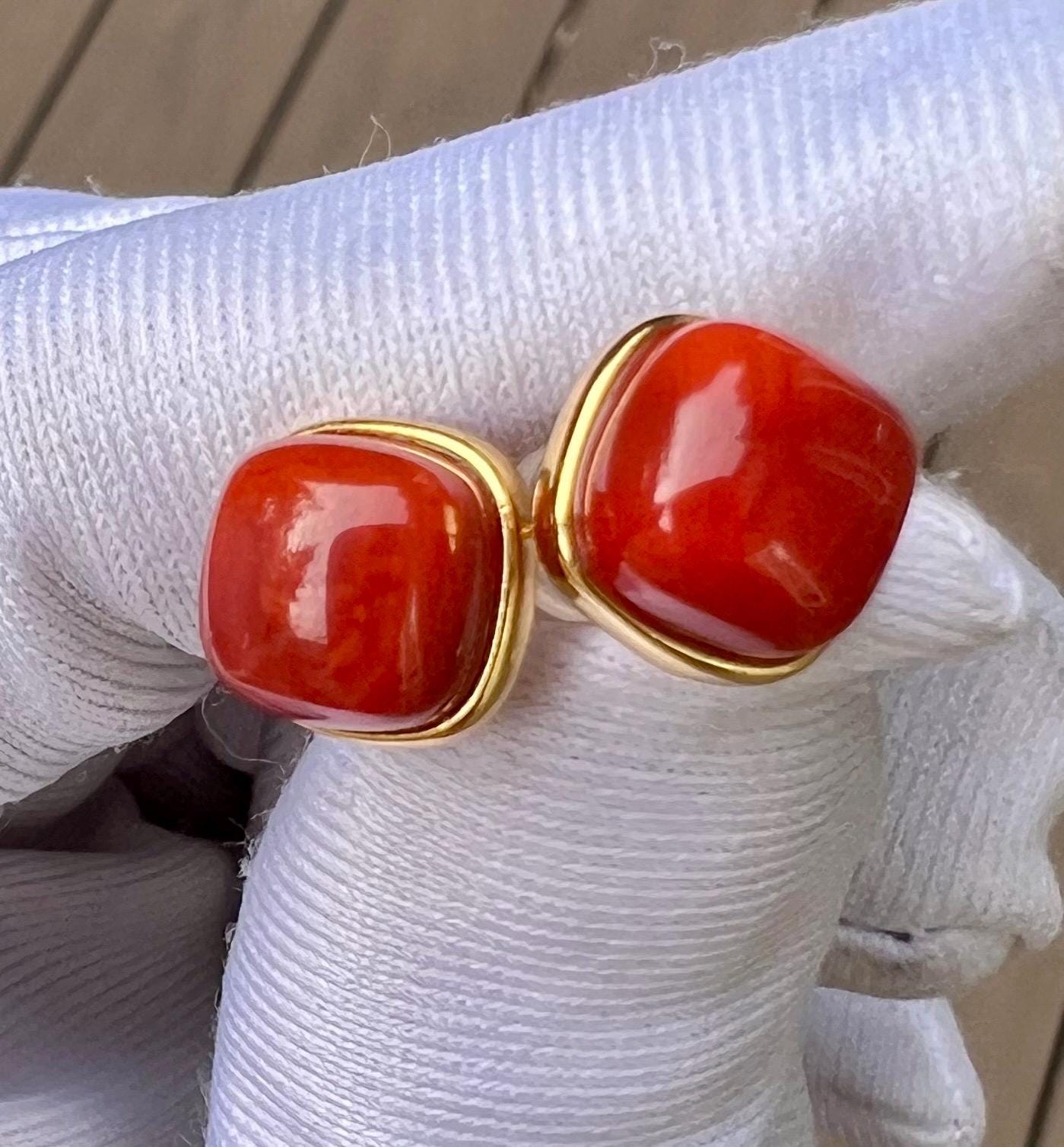 Certified natural Sichuan Nanhong agate earrings/Southern Red Agate square stud earrings/sterling silver天然精品川料南红耳钉/纯银镶嵌#0021 方块耳钉/满色满肉
