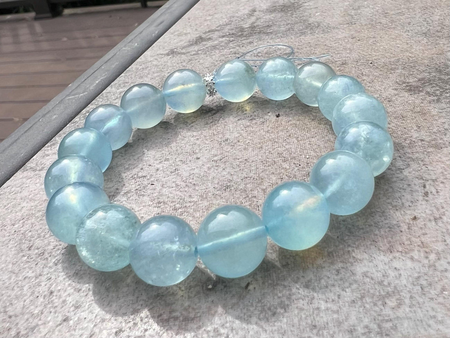 11.4mm+ Certified natural Aquamarine icy blue bracelet Untreated Undyed/aquamarine with mica glitter/ 天然无优化 冰川蓝海蓝宝手串 共生银云母闪片#0723 闪片海蓝宝
