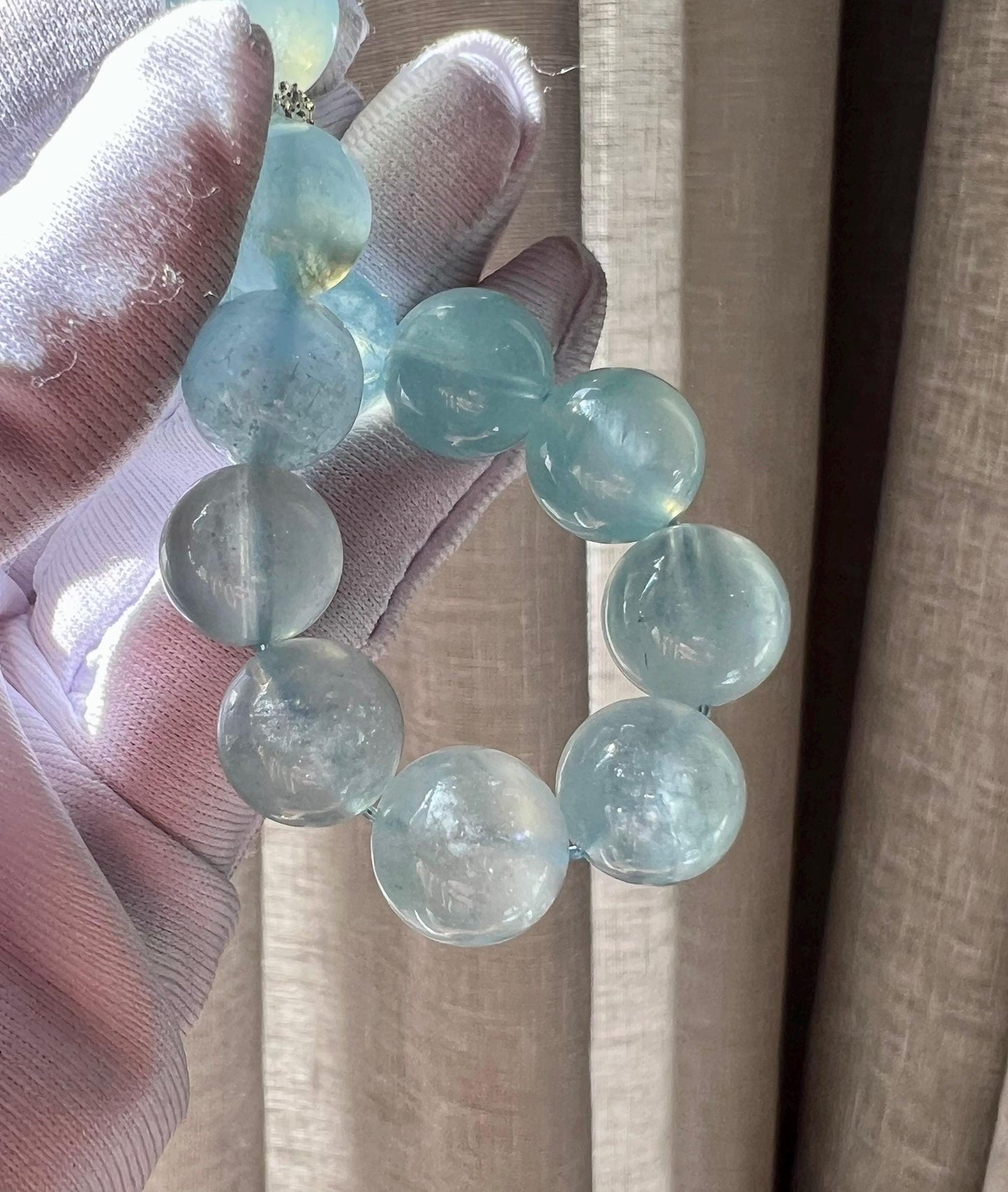 11.4mm+ Certified natural Aquamarine icy blue bracelet Untreated Undyed/aquamarine with mica glitter/ 天然无优化 冰川蓝海蓝宝手串 共生银云母闪片#0723 闪片海蓝宝
