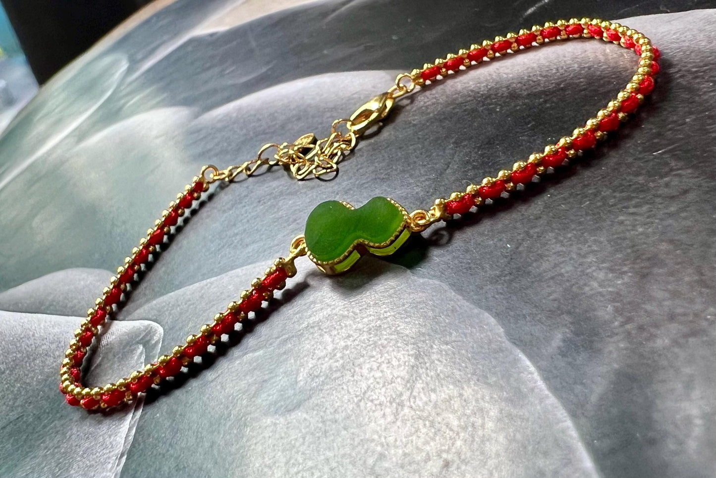 Certified natural nephrite green jade/ green nephrite gourd inlaid S925 bracelet 天然软玉 碧玉葫芦镶嵌纯银手链 #0913 红绳手链
