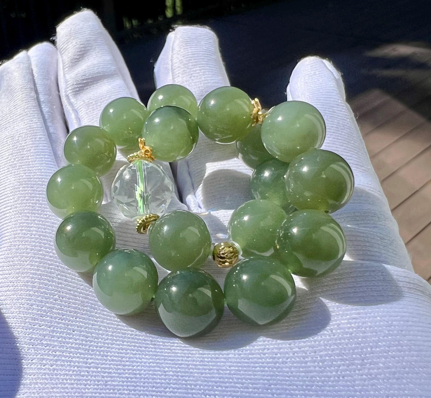 9.8mm Certified natural nephrite Bracelet/lake green nephrite/ 天然软玉 青海 老矿晴水料 湖水绿手串#3729 深湖绿