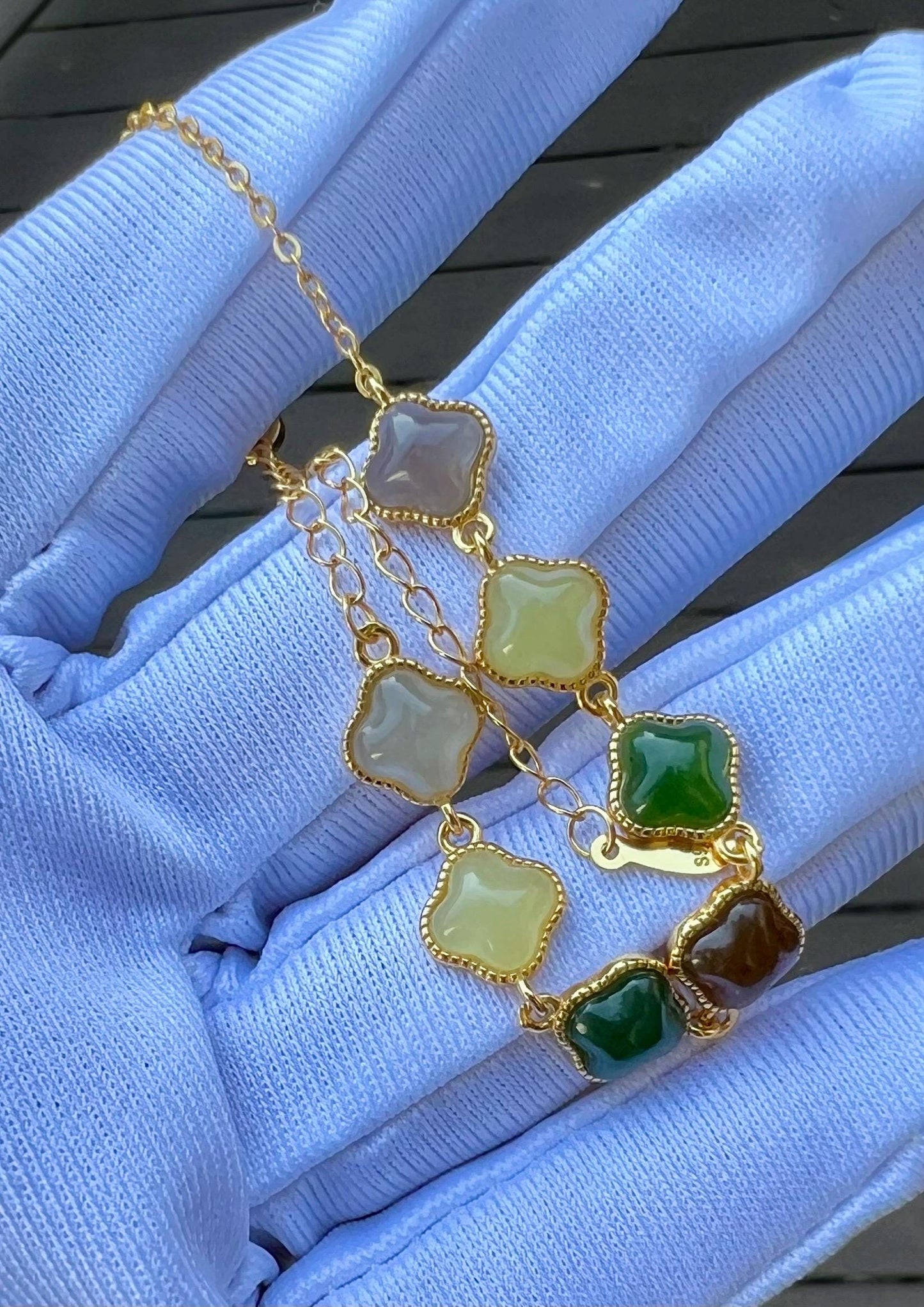 Certified natural Jade/multi color nephrite four leaf clover bracelet /green purple yellow nephrite inlaid S925 天然 碧玉糖玉黄玉烟紫 纯银多宝手链#0326