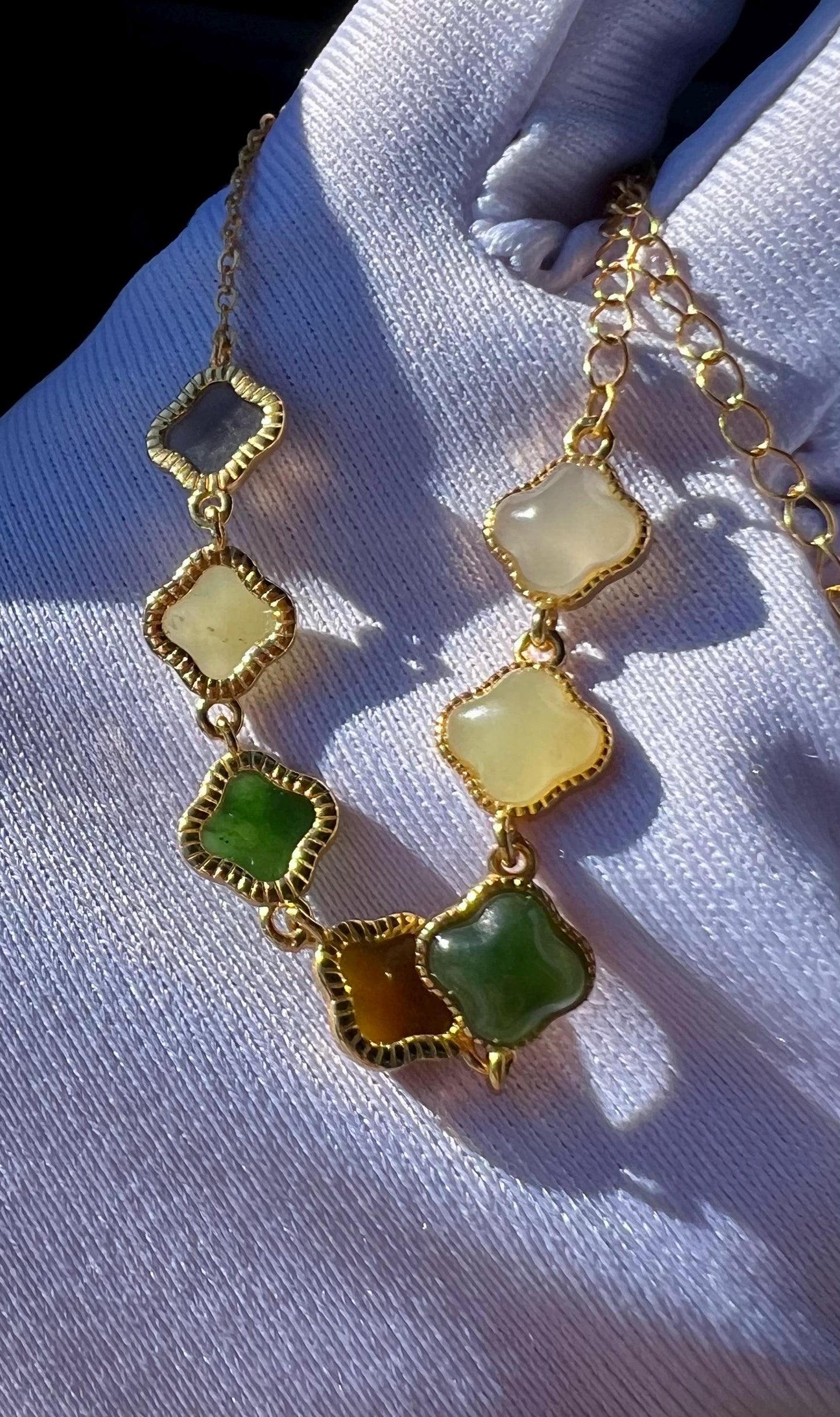 Certified natural Jade/multi color nephrite four leaf clover bracelet /green purple yellow nephrite inlaid S925 天然 碧玉糖玉黄玉烟紫 纯银多宝手链#0326