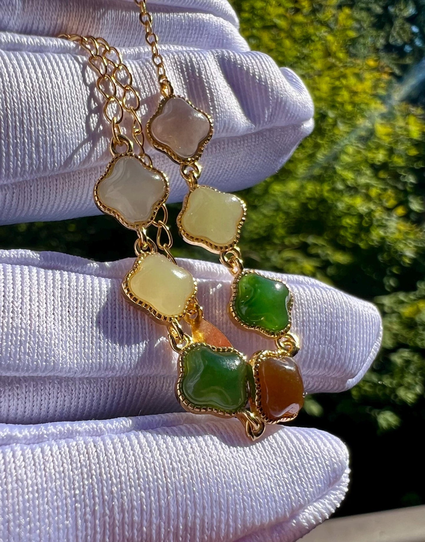 Certified natural Jade/multi color nephrite four leaf clover bracelet /green purple yellow nephrite inlaid S925 天然 碧玉糖玉黄玉烟紫 纯银多宝手链#0326