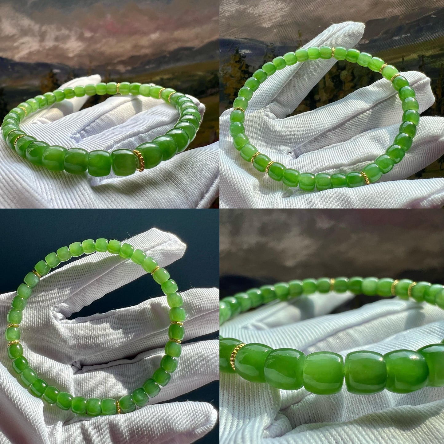 Certified natural nephrite green jade/ green nephrite bracelet /fresh bright green/straight cut beads 天然软玉 碧玉 鲜嫩果绿 冰果阳绿 直切珠 极限弧#2901冰胶起莹光