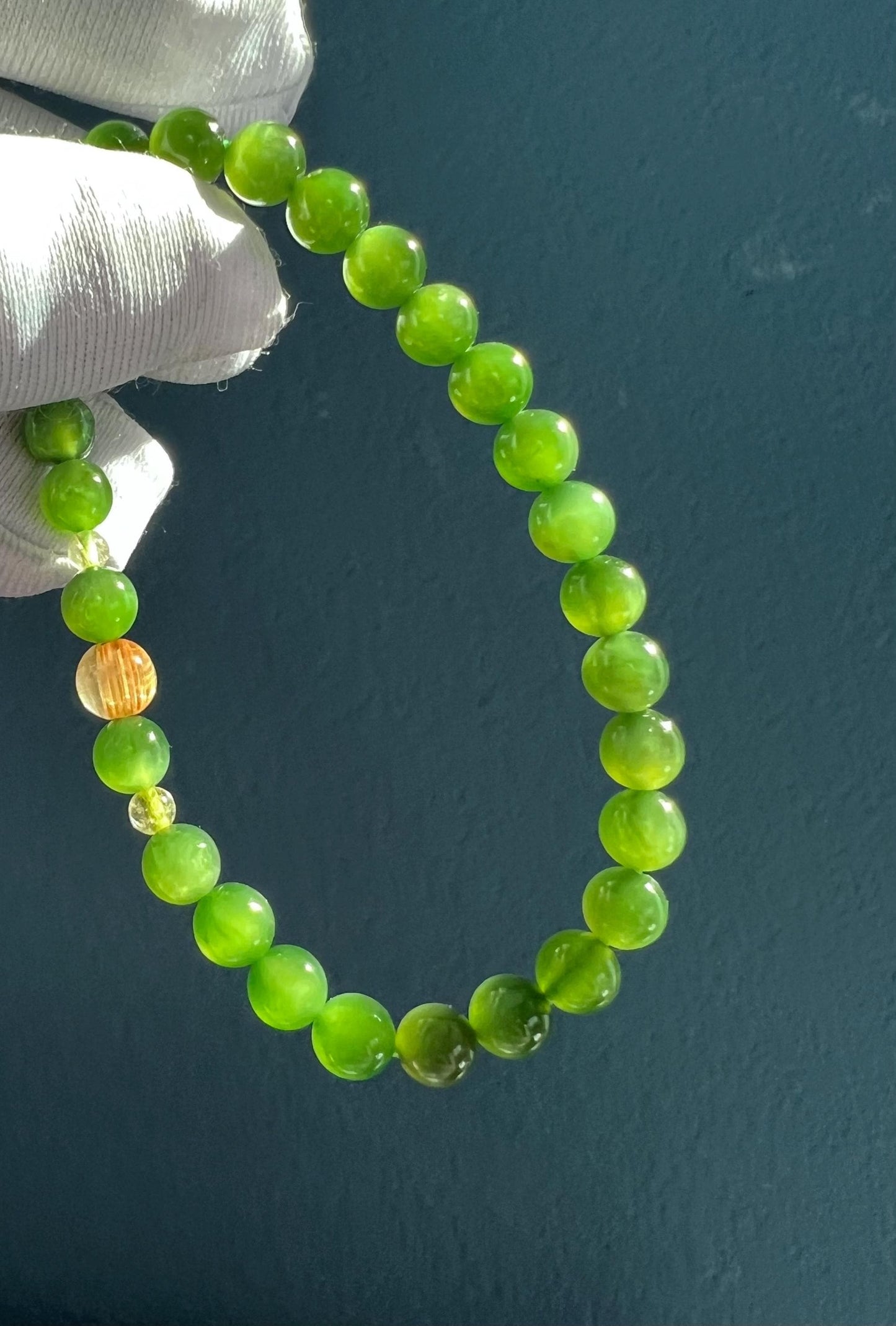 6mm Certified natural nephrite green jade /icy green nephrite Bracelet/chatoyancy 天然软玉 碧玉手串 冰绿 部分猫眼 #2243 搭配金钛晶圆珠