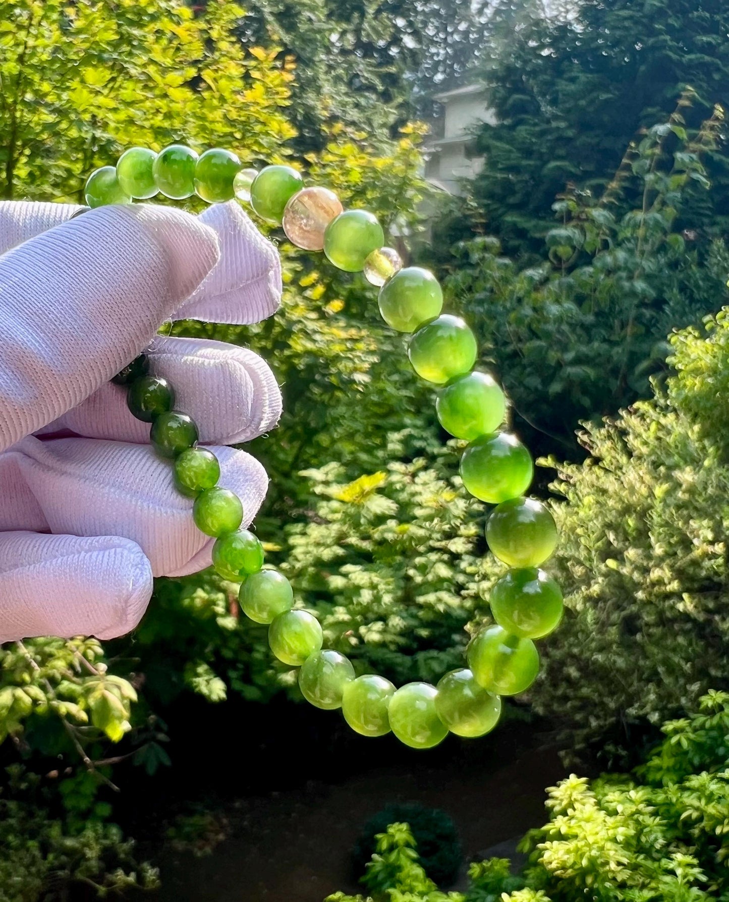 6mm Certified natural nephrite green jade /icy green nephrite Bracelet/chatoyancy 天然软玉 碧玉手串 冰绿 部分猫眼 #2243 搭配金钛晶圆珠