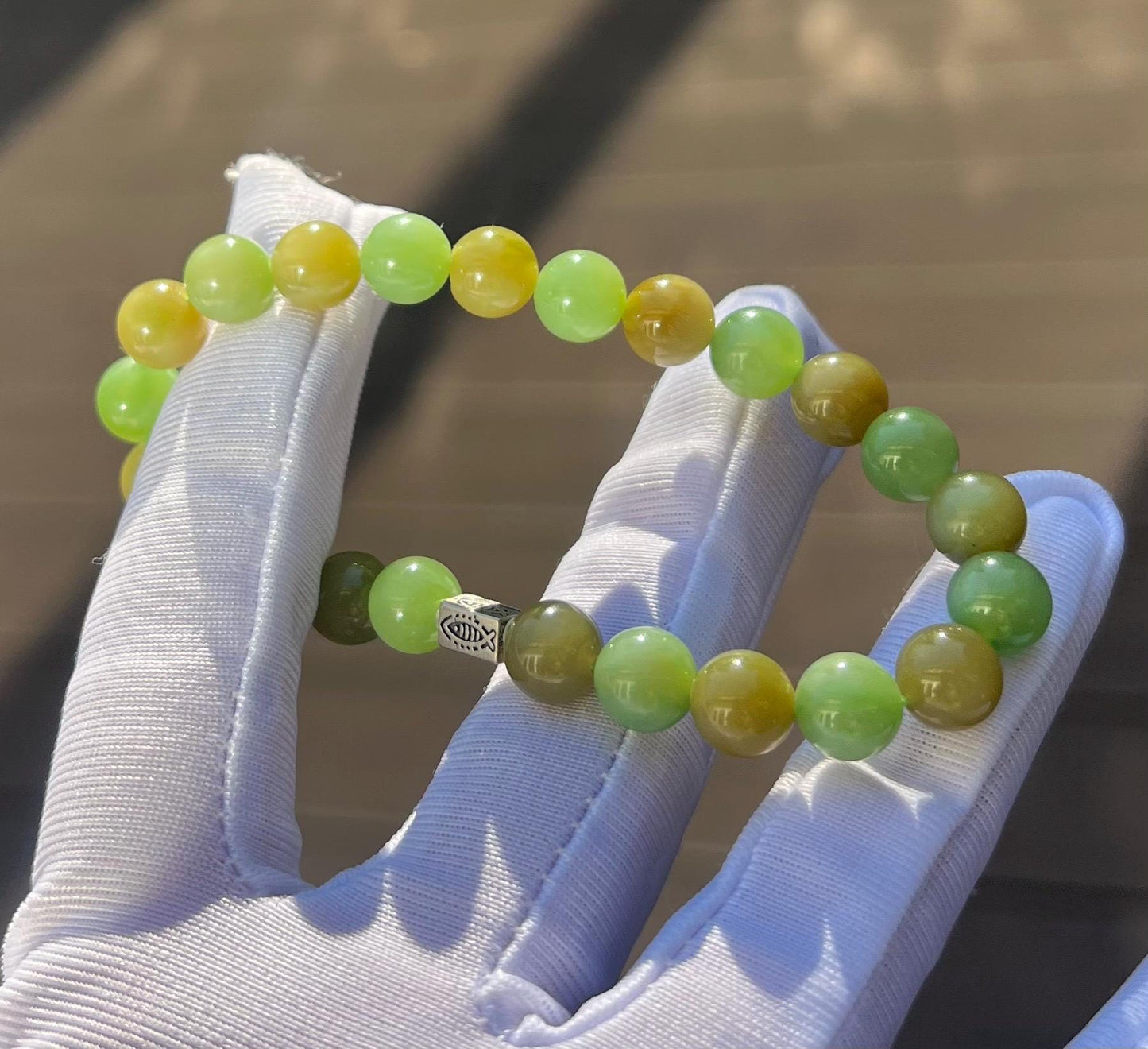 Natural Green Nephrite Jade Bracelet: Sterling Silver, Mint and Brown #4540