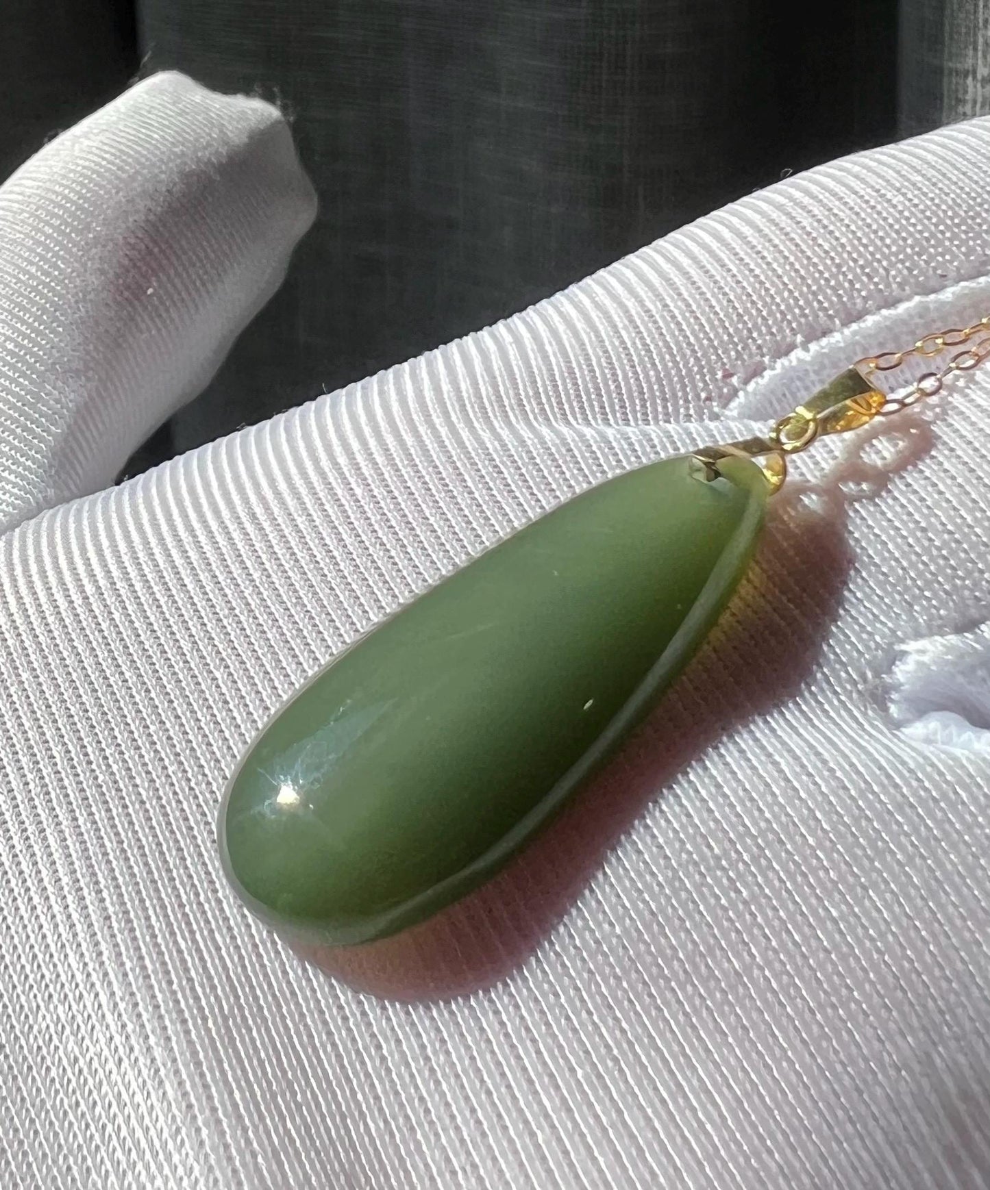 Green Nephrite Teardrop Pendant Necklace: 18k Gold Bail, Sterling Silver Chain #0568