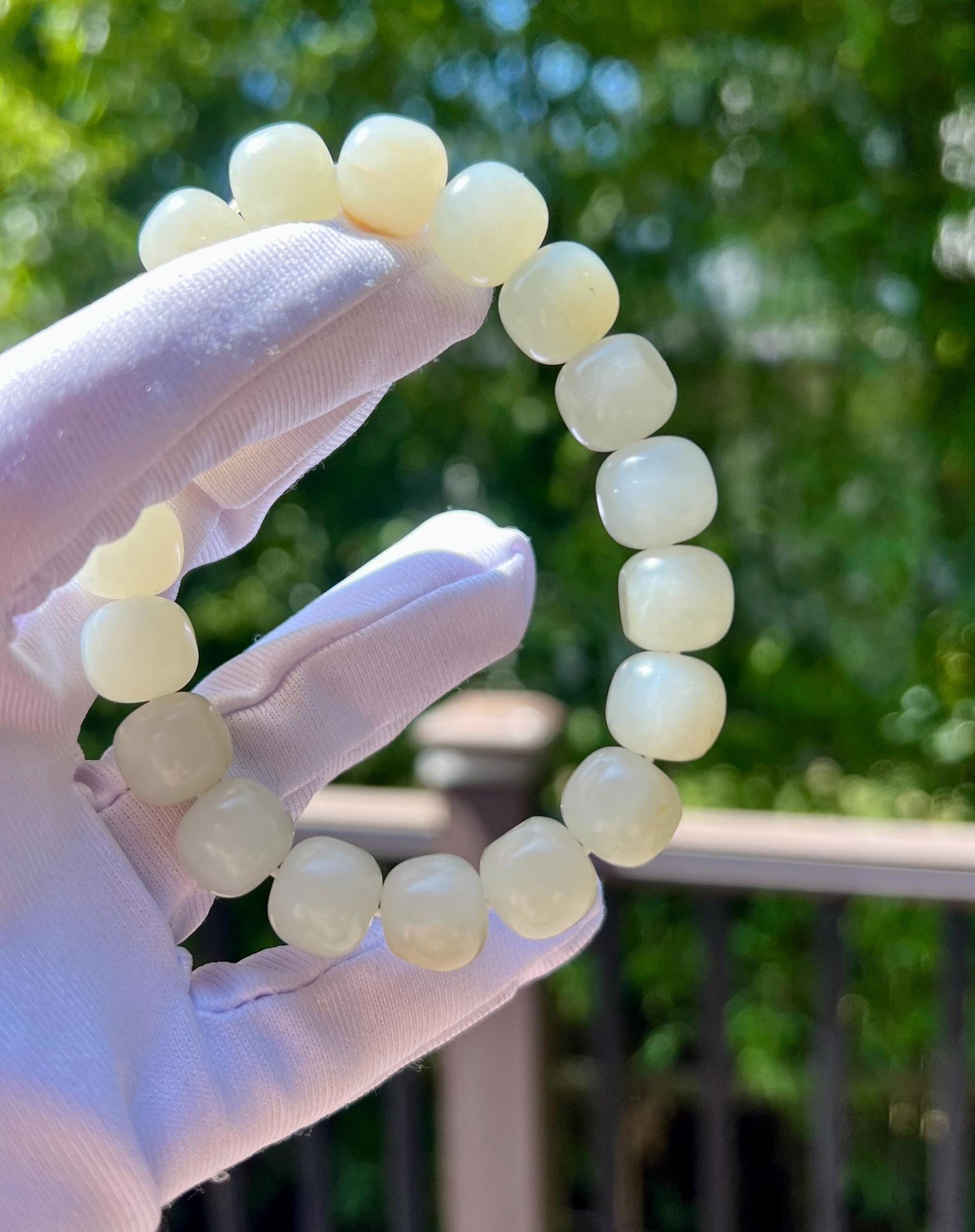 Certified natural jade white Nephrite bracelet/ river jade/warm white/barrel beads 天然软玉 子料白玉 手串 老型珠暖白#7290 原皮毛孔