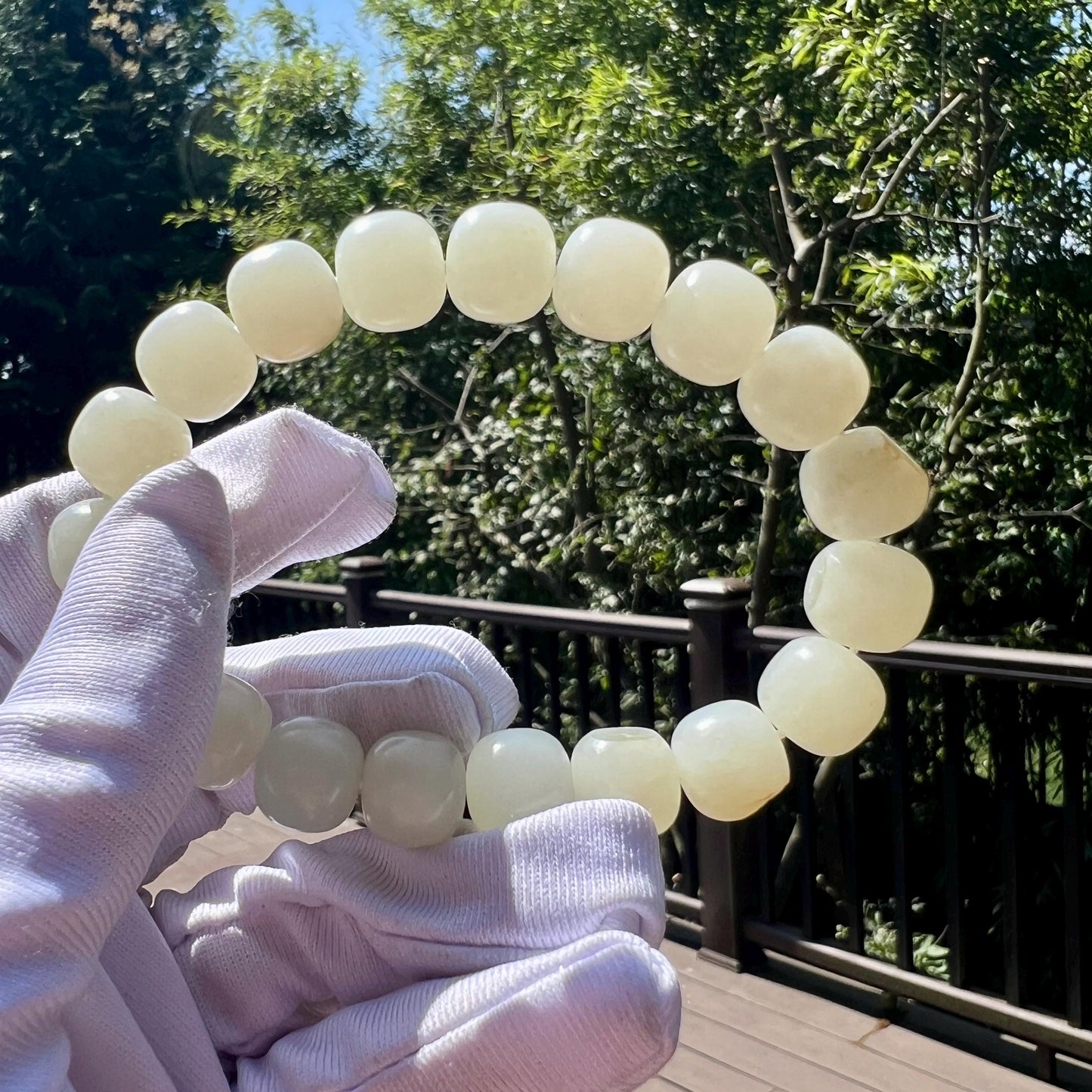 Certified natural jade white Nephrite bracelet/ river jade/warm white/barrel beads 天然软玉 子料白玉 手串 老型珠暖白#7290 原皮毛孔